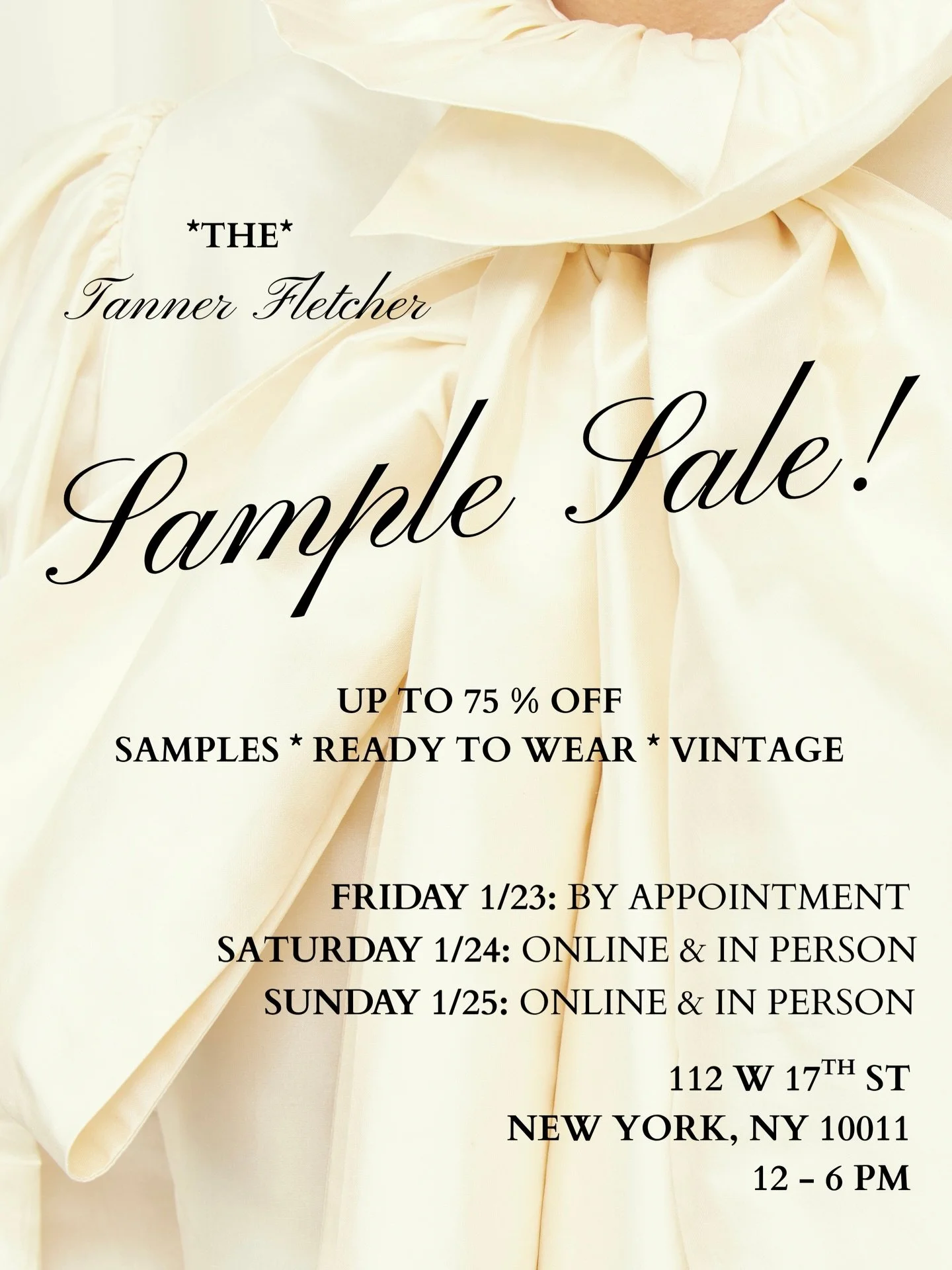 THE TANNER FLETCHER SAMPLE SALE STARTS FRIDAY! For early access, look an appointment via link in bio! 🤍