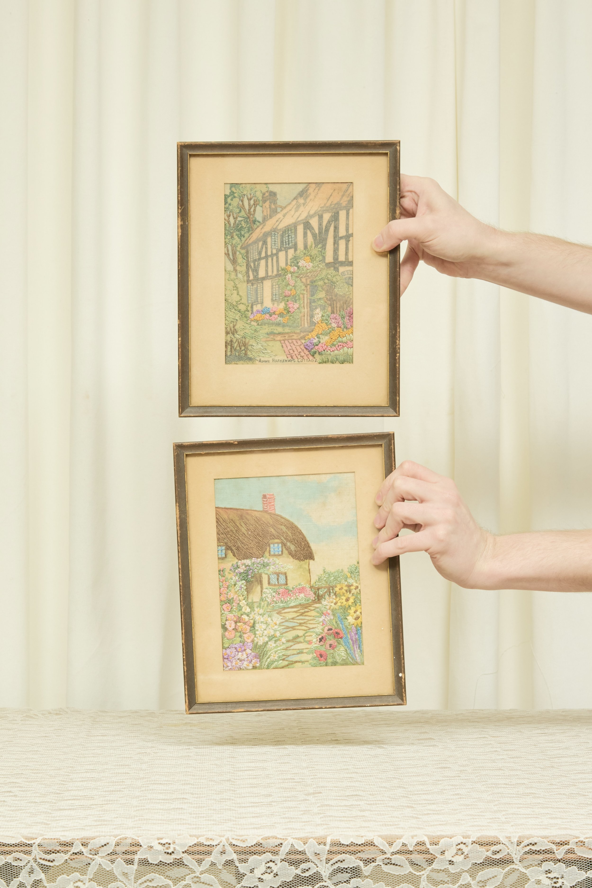 Antique "Anne Hathaway's Cottage" Framed Embroidery Set/2