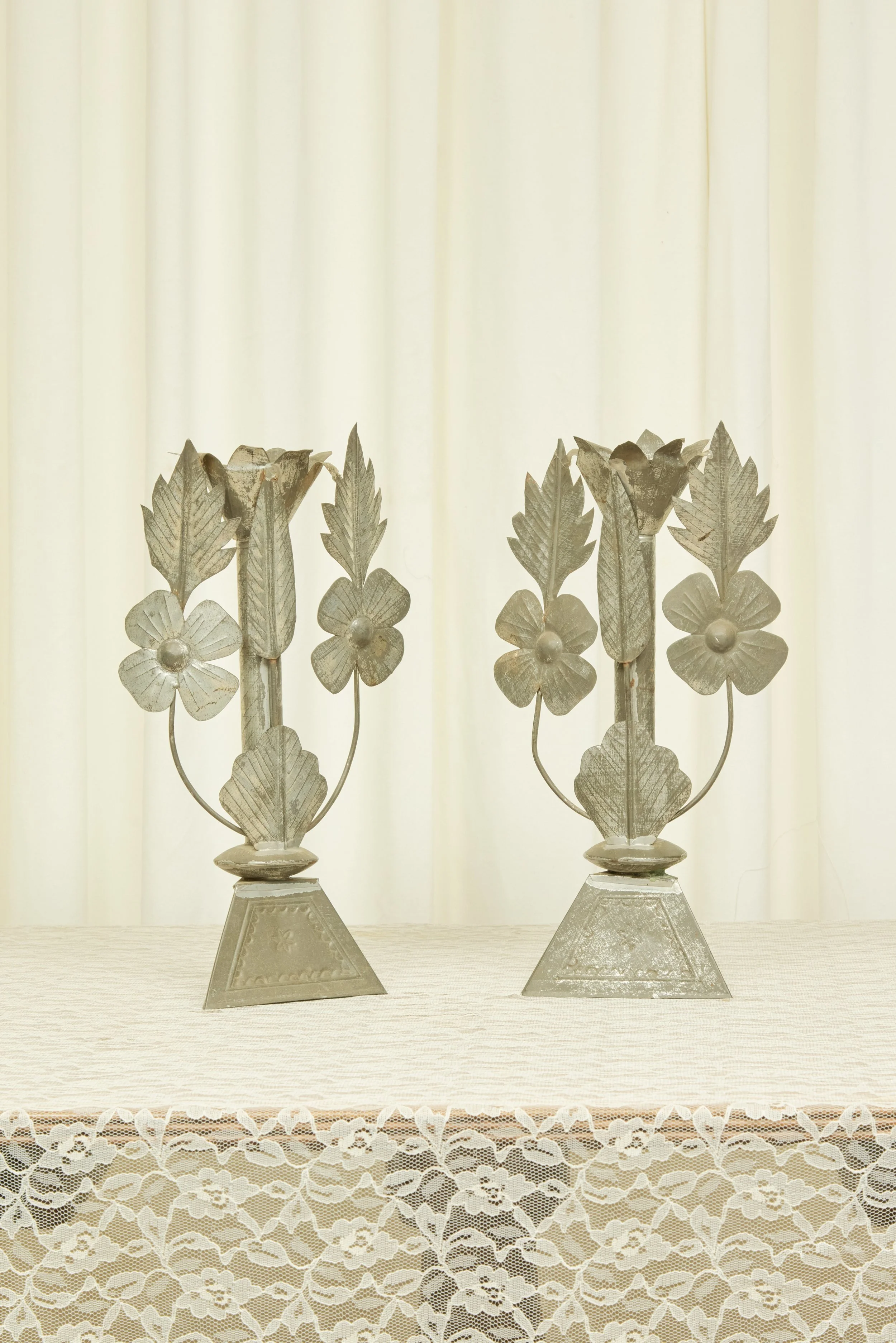 Vintage Tin Floral Candle Holder Set/2