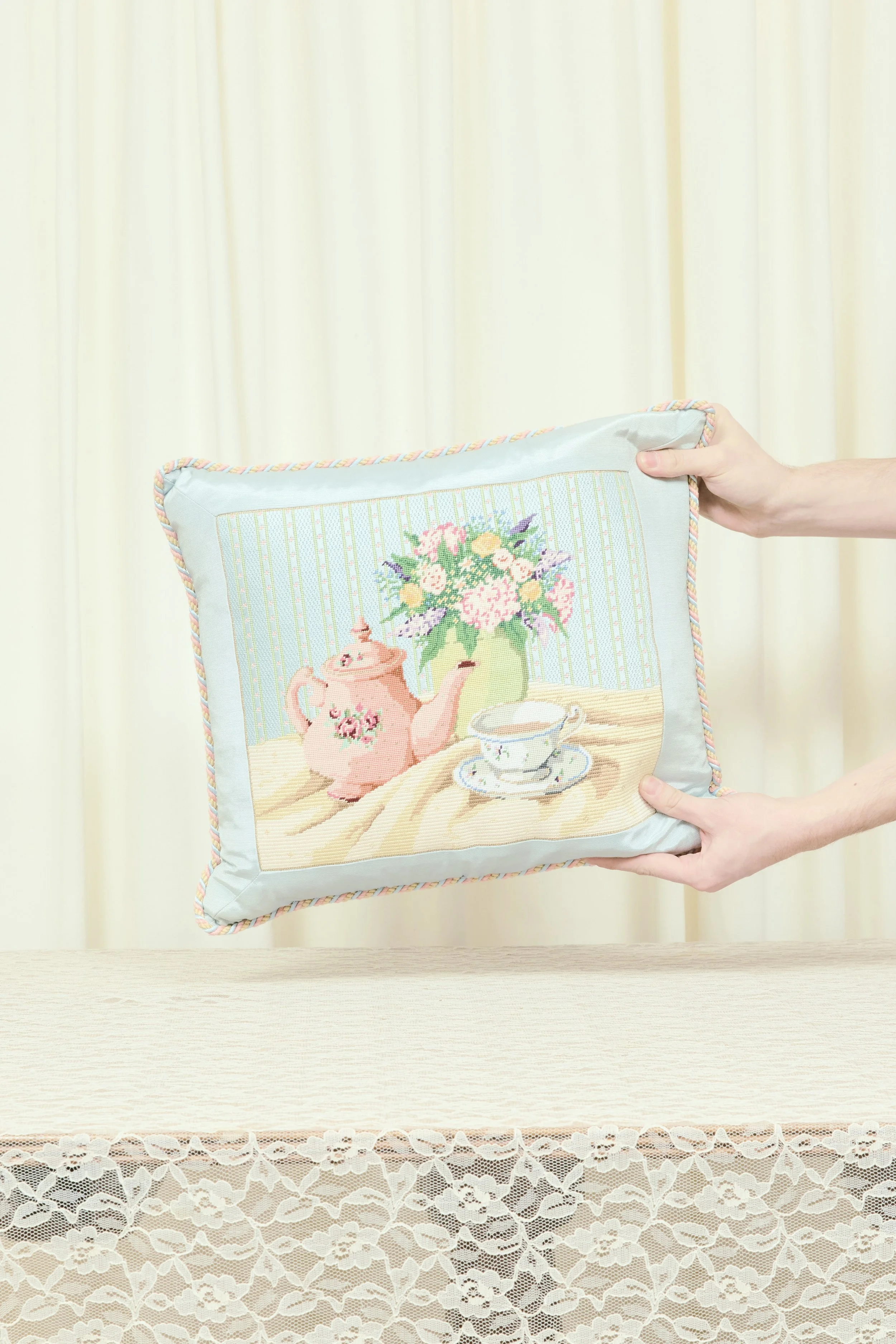 Vintage Tea Scene Needlepoint Pillow
