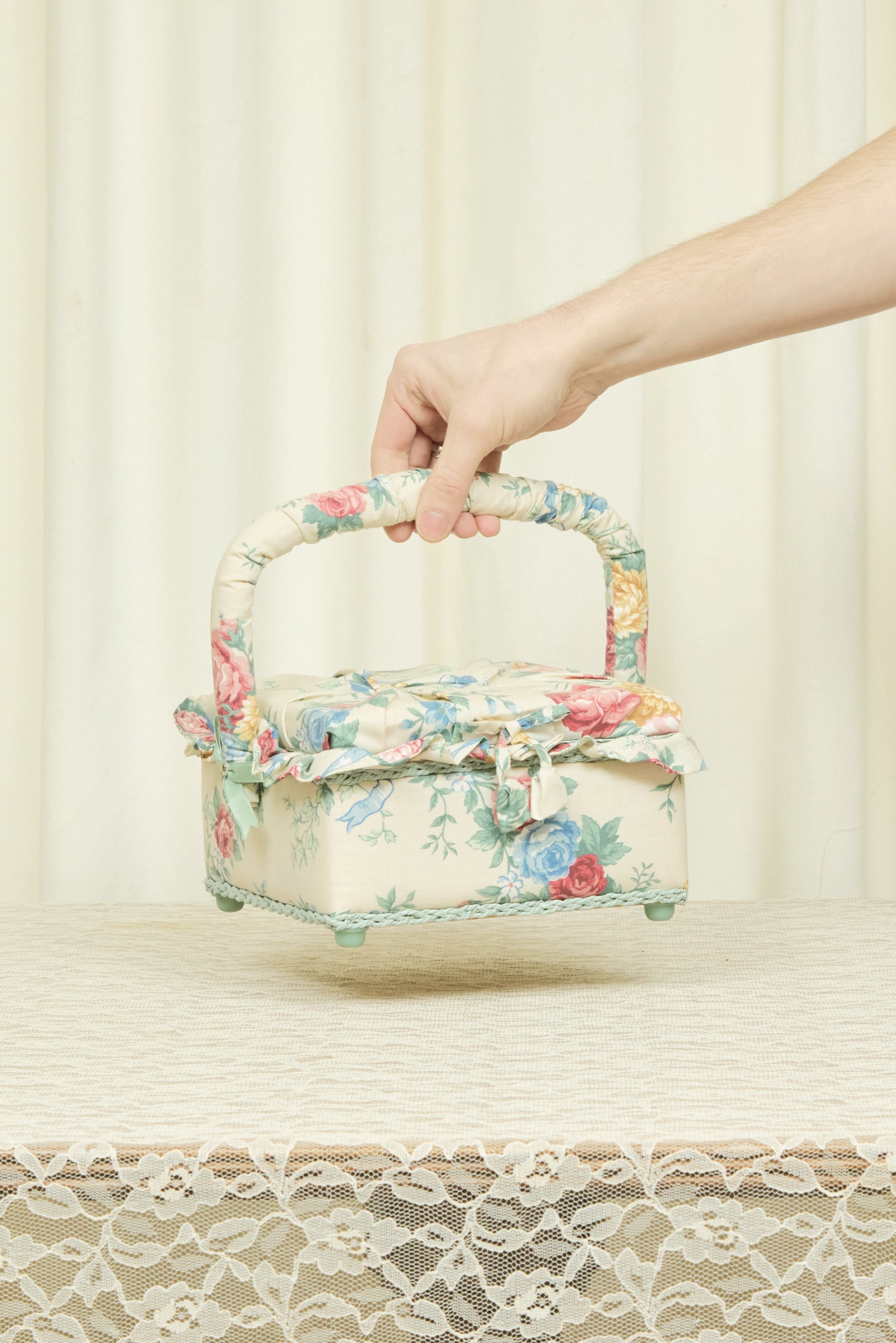 Vintage Floral Upholstered Sewing Basket