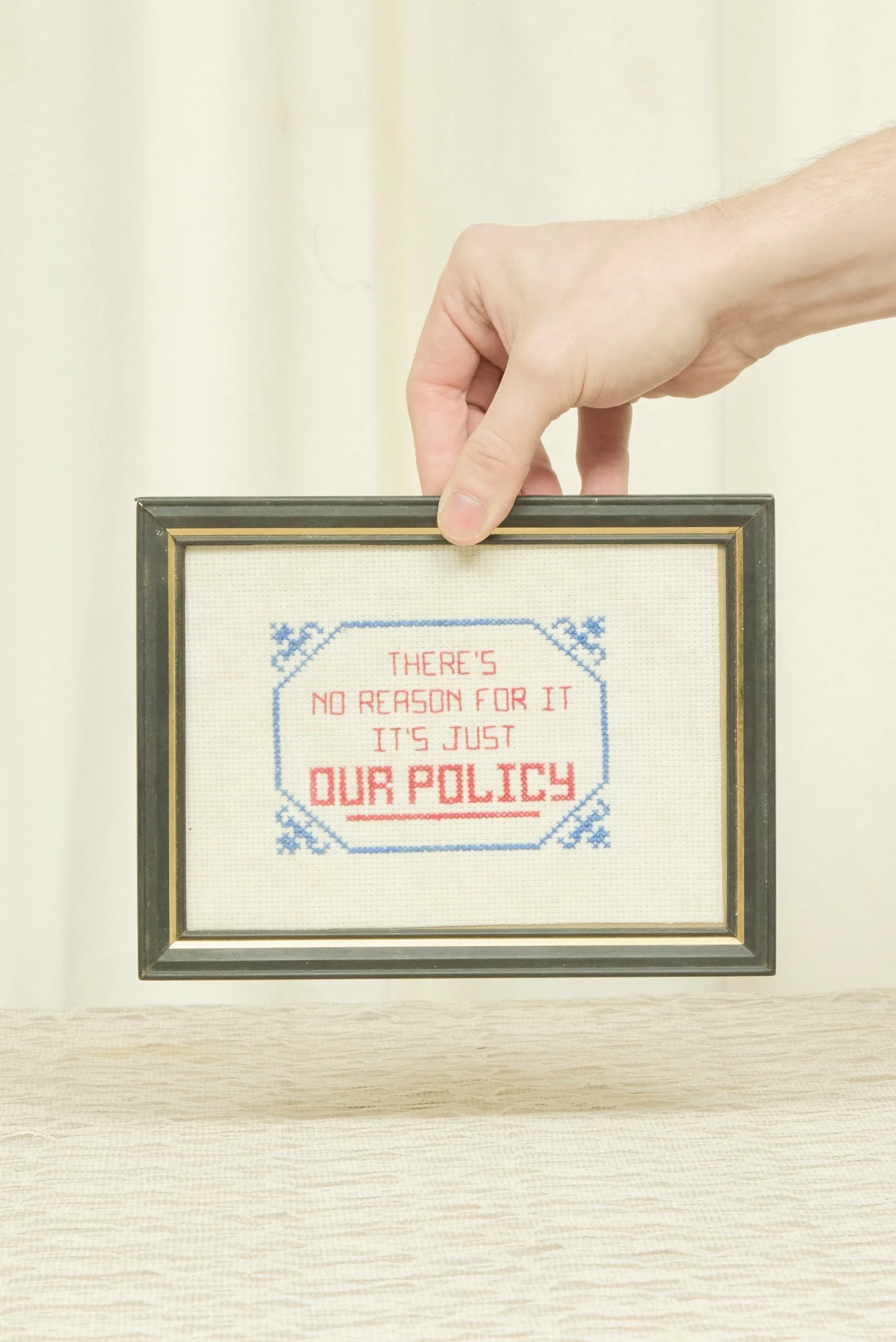Vintage Rare "Our Policy" Sassy Framed Cross Stitch