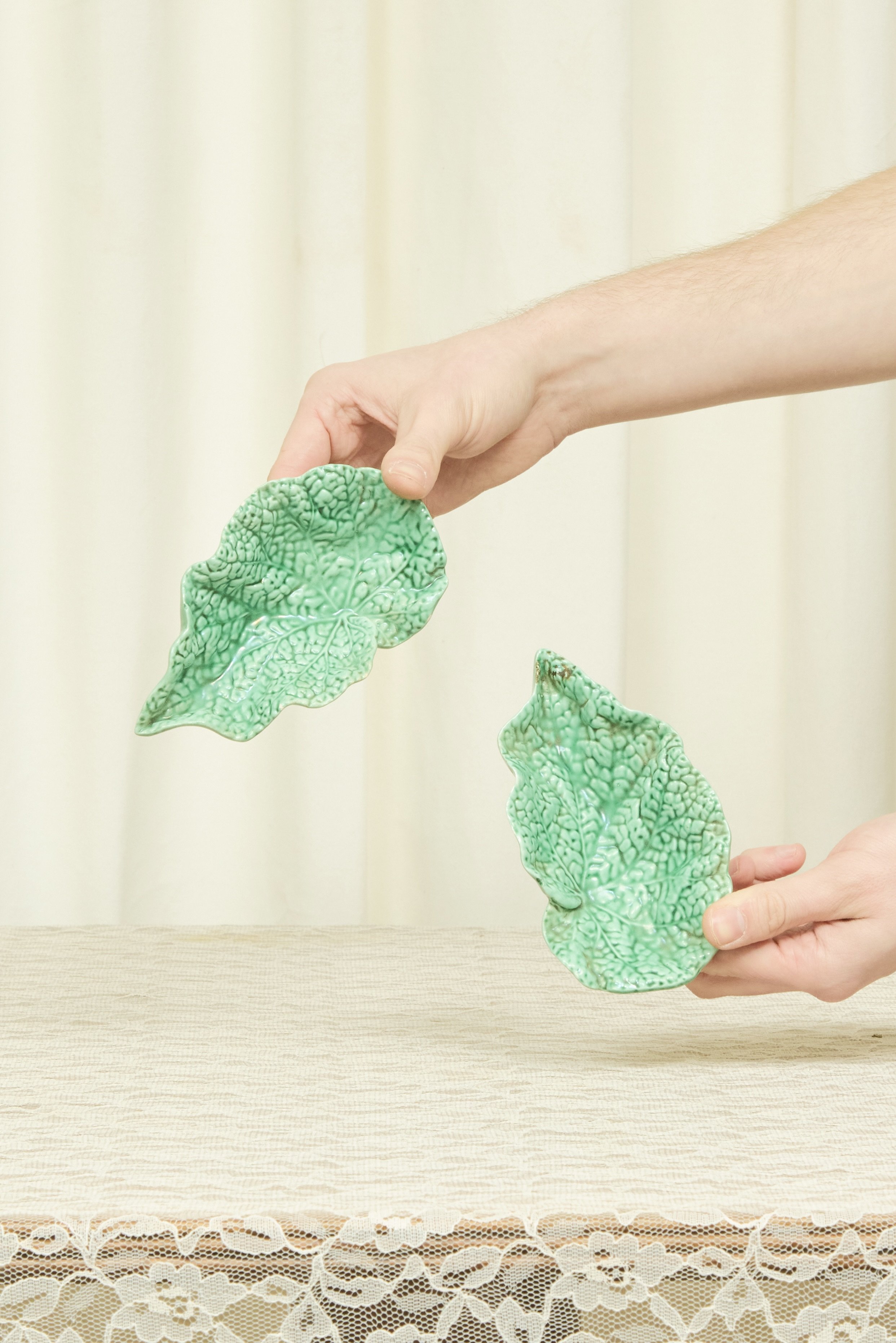 Vintage Majolica Cabbage Leaf Dish Set/2