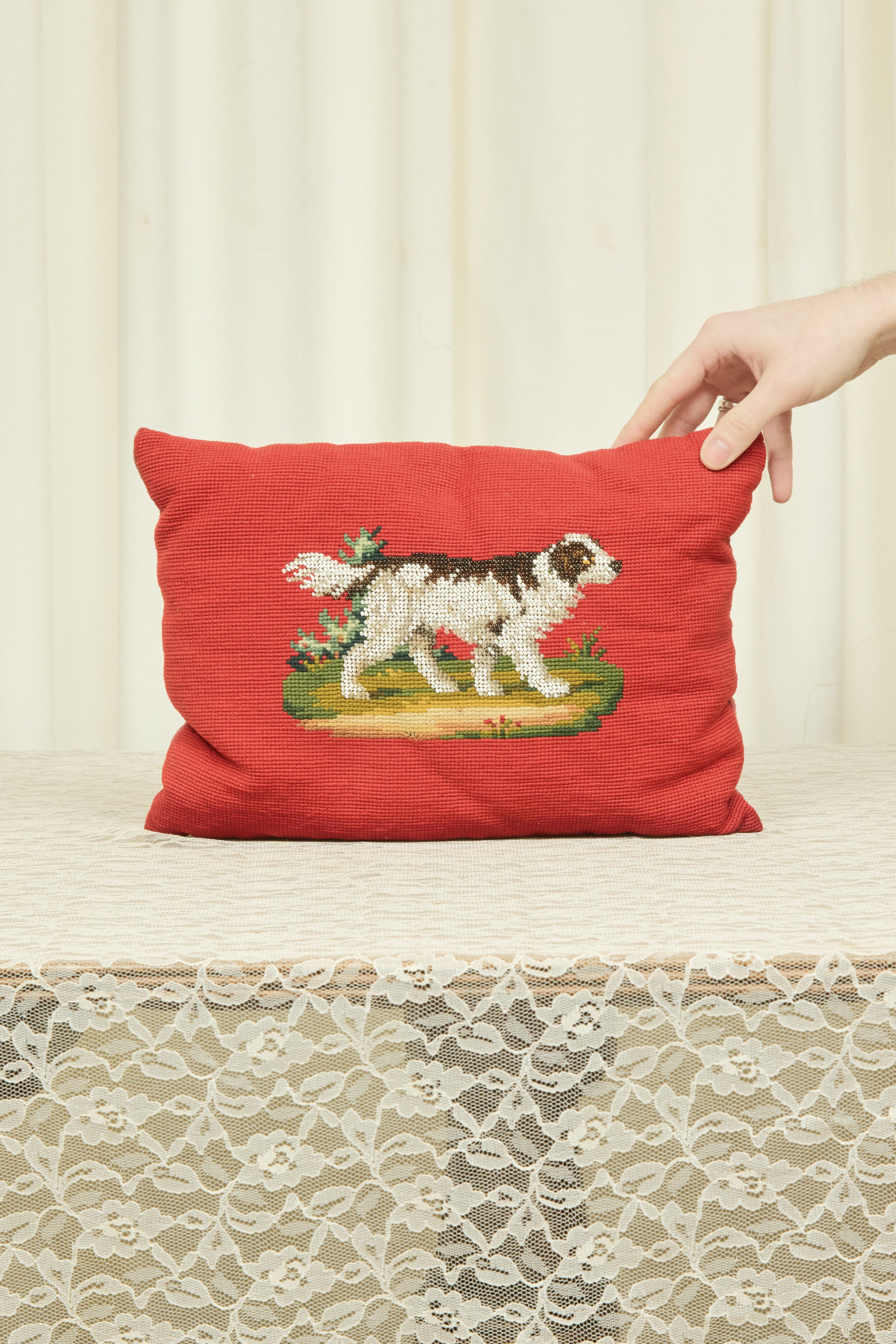 Antique Beaded and Needlepointed Dog Pillow