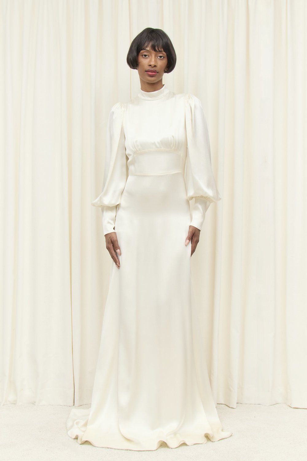 knee length dresses for ladies High Stand Neck Full Sleeves Ivory Satin Long Wedding Dresses Muslim –  TANYA BRIDAL main image 0