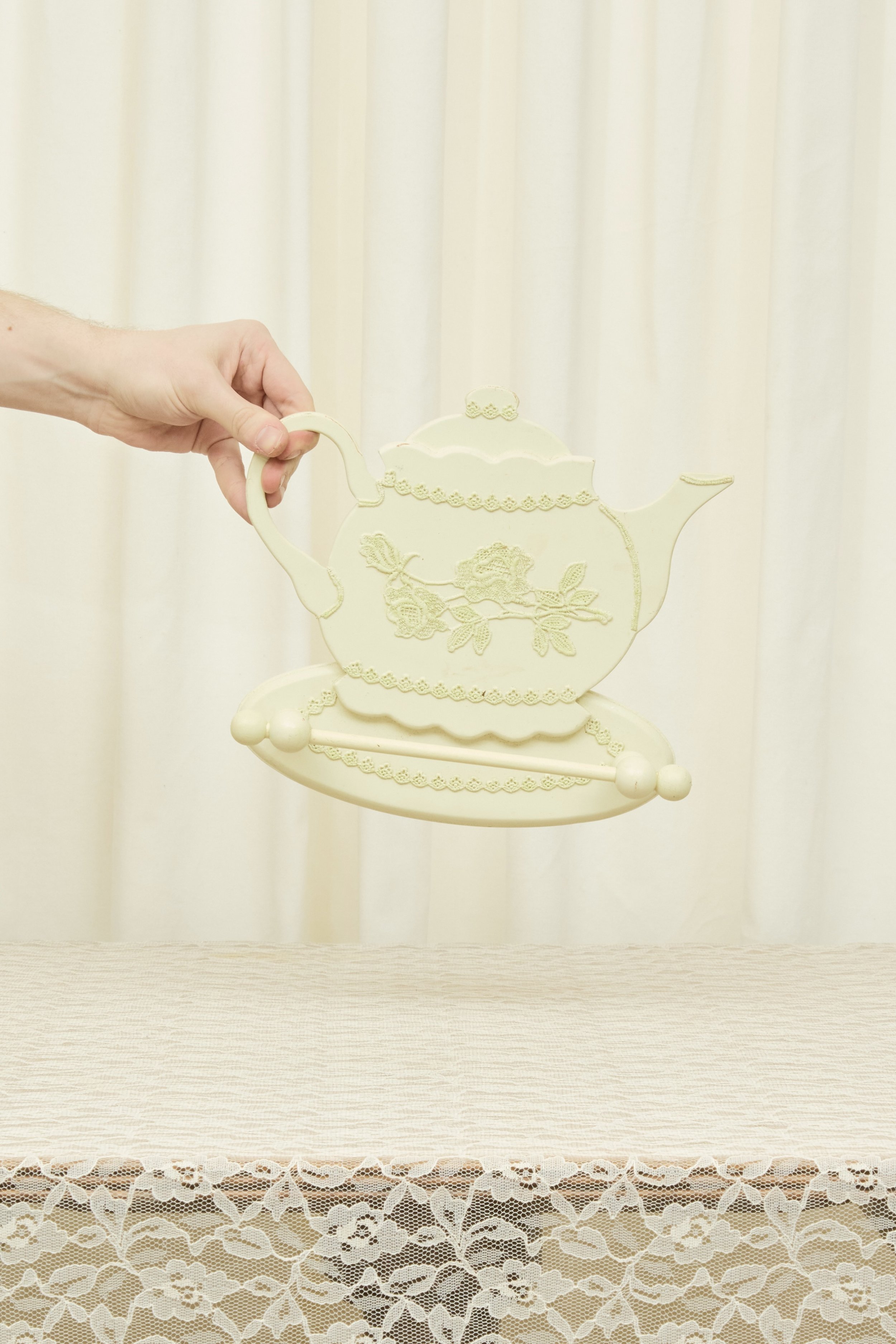 Vintage Wooden & Lace Teapot Towel holder