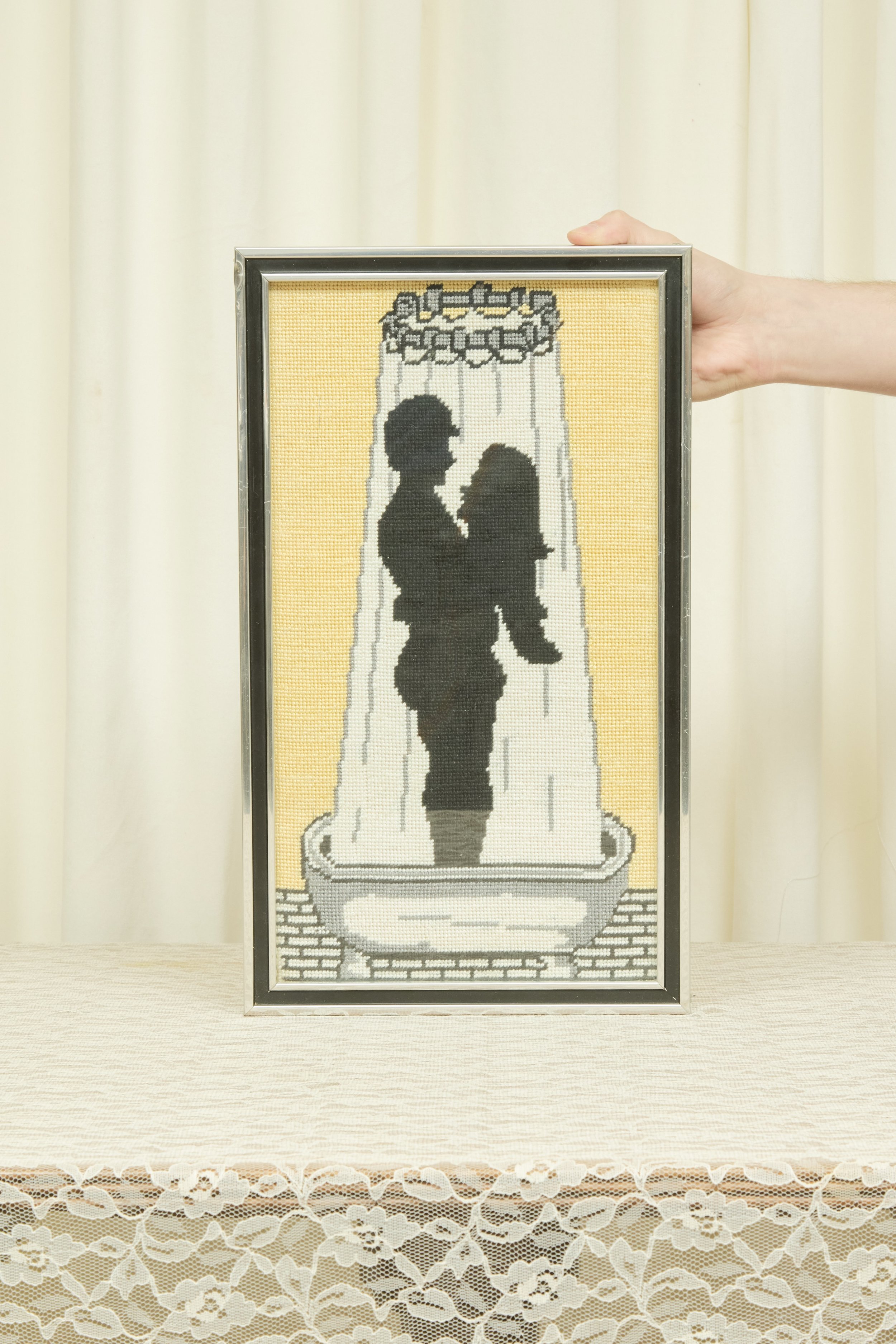 Vintage Showering Couple Framed Needlepoint