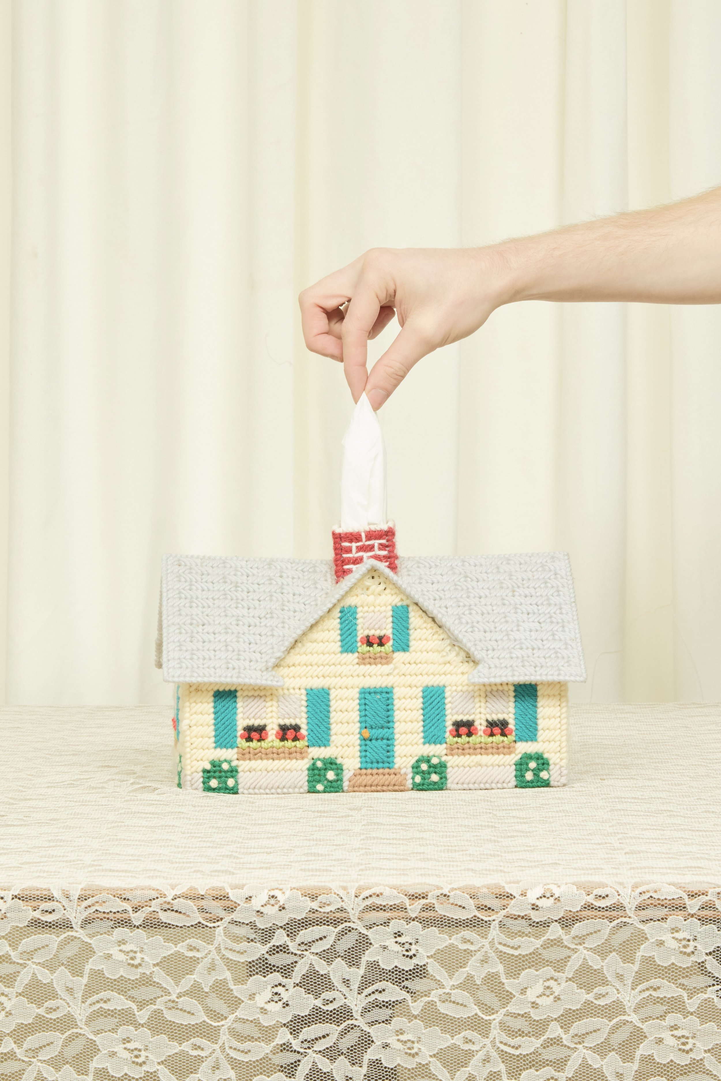 Vintage Needlepoint House Tissue Box/Decor