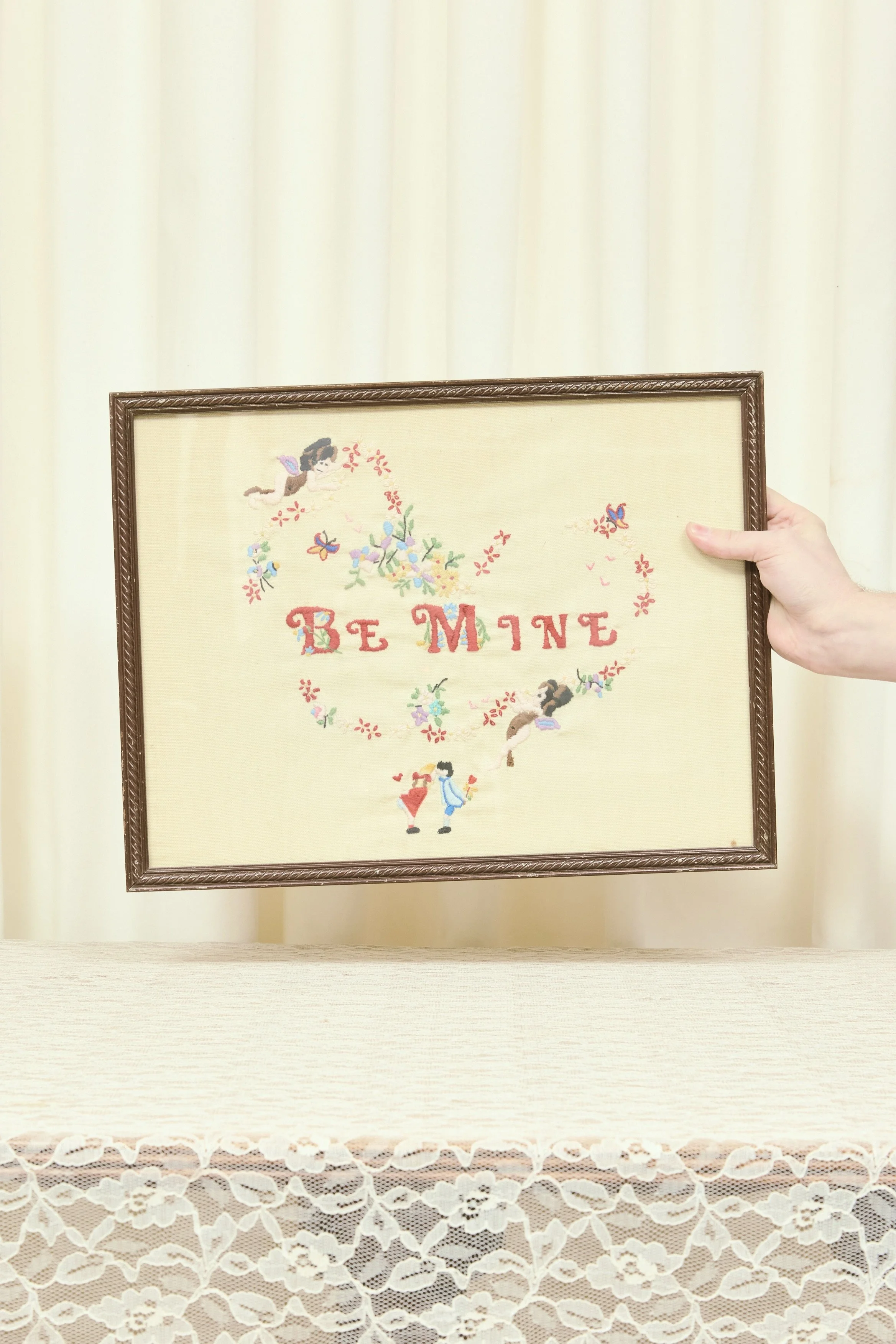 Vintage "Be Mine" Framed Cross Stitch
