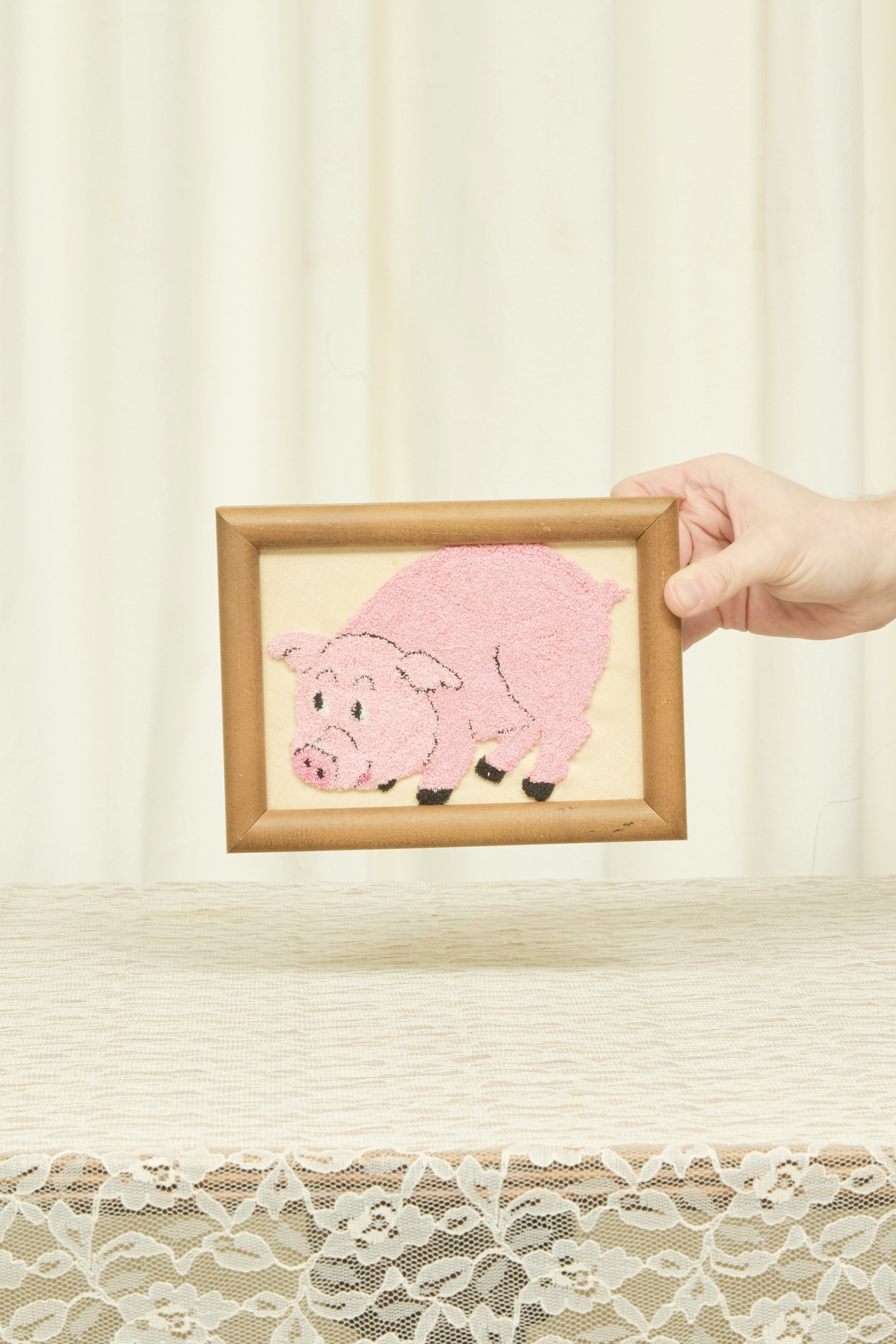 Vintage Framed Pig Needlepoint