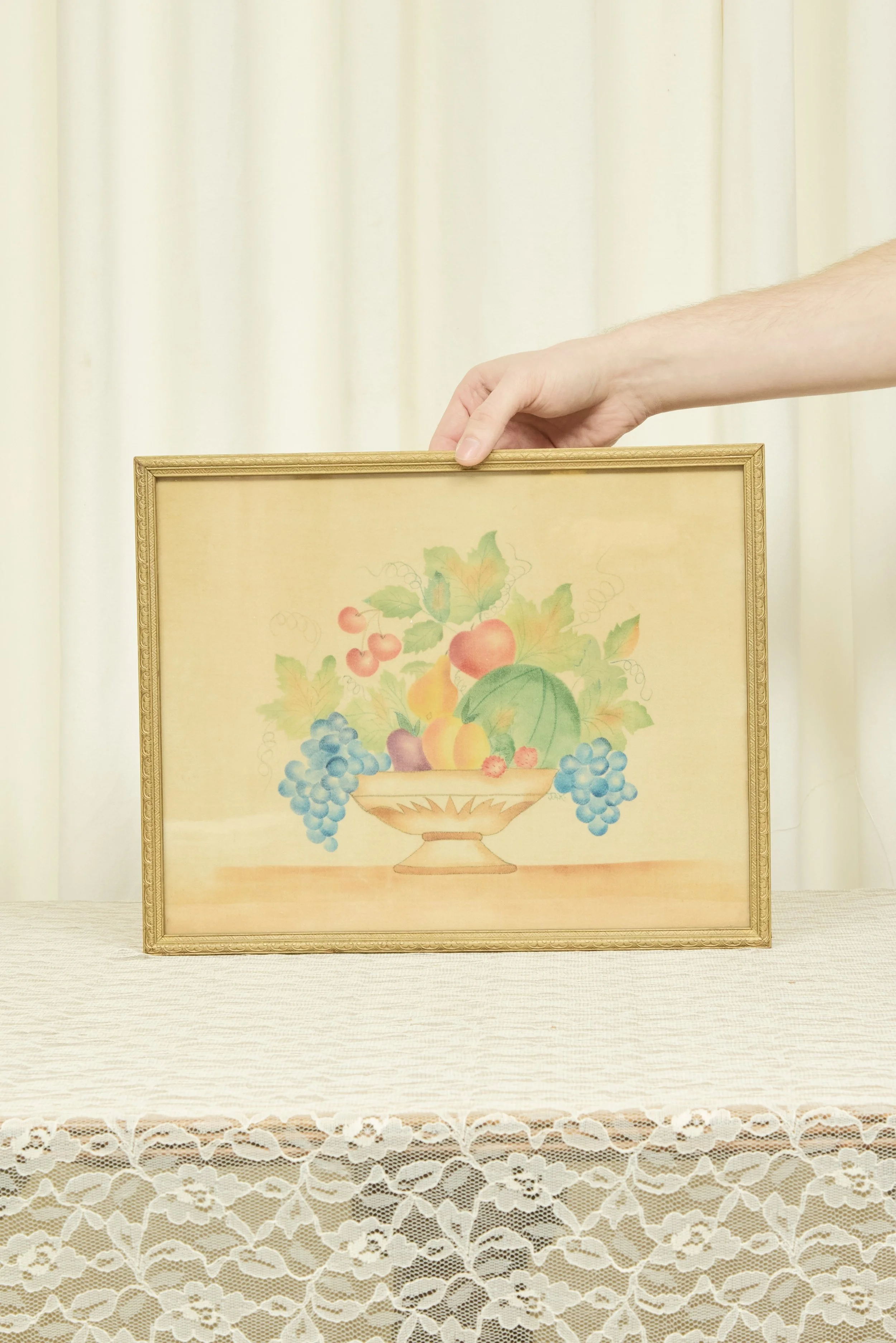 Vintage Framed Painted Velvet Fruit Scene (1968)