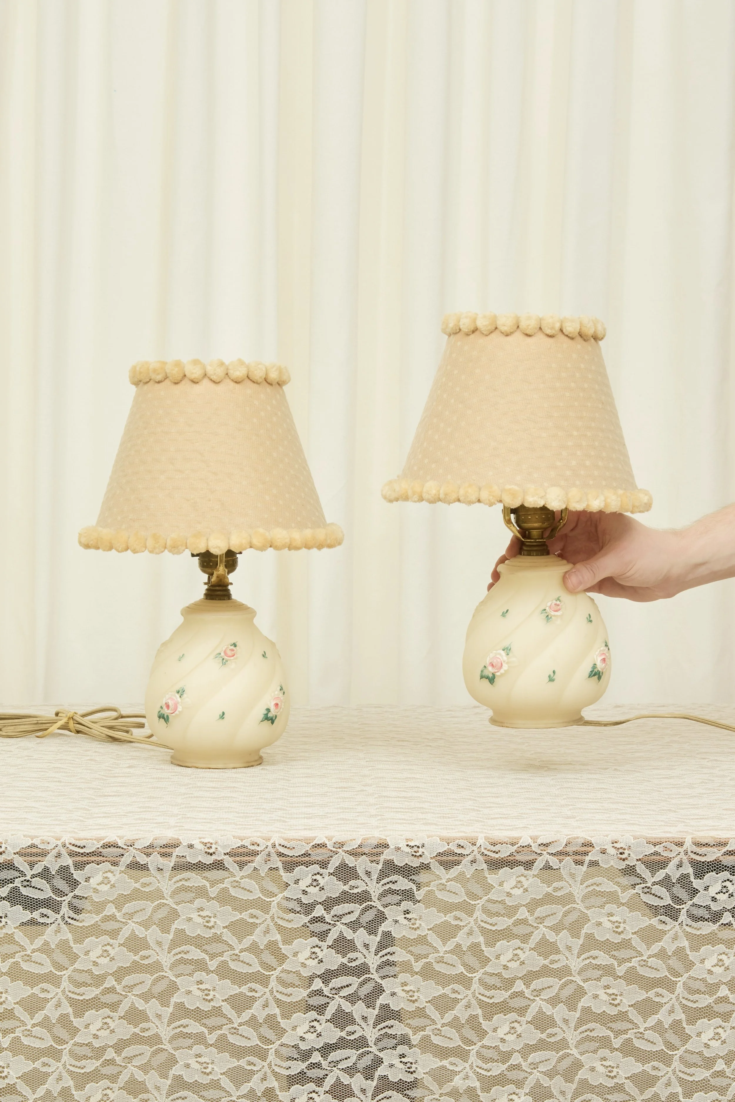 Vintage Floral Lamp with Pom Pom Shade
