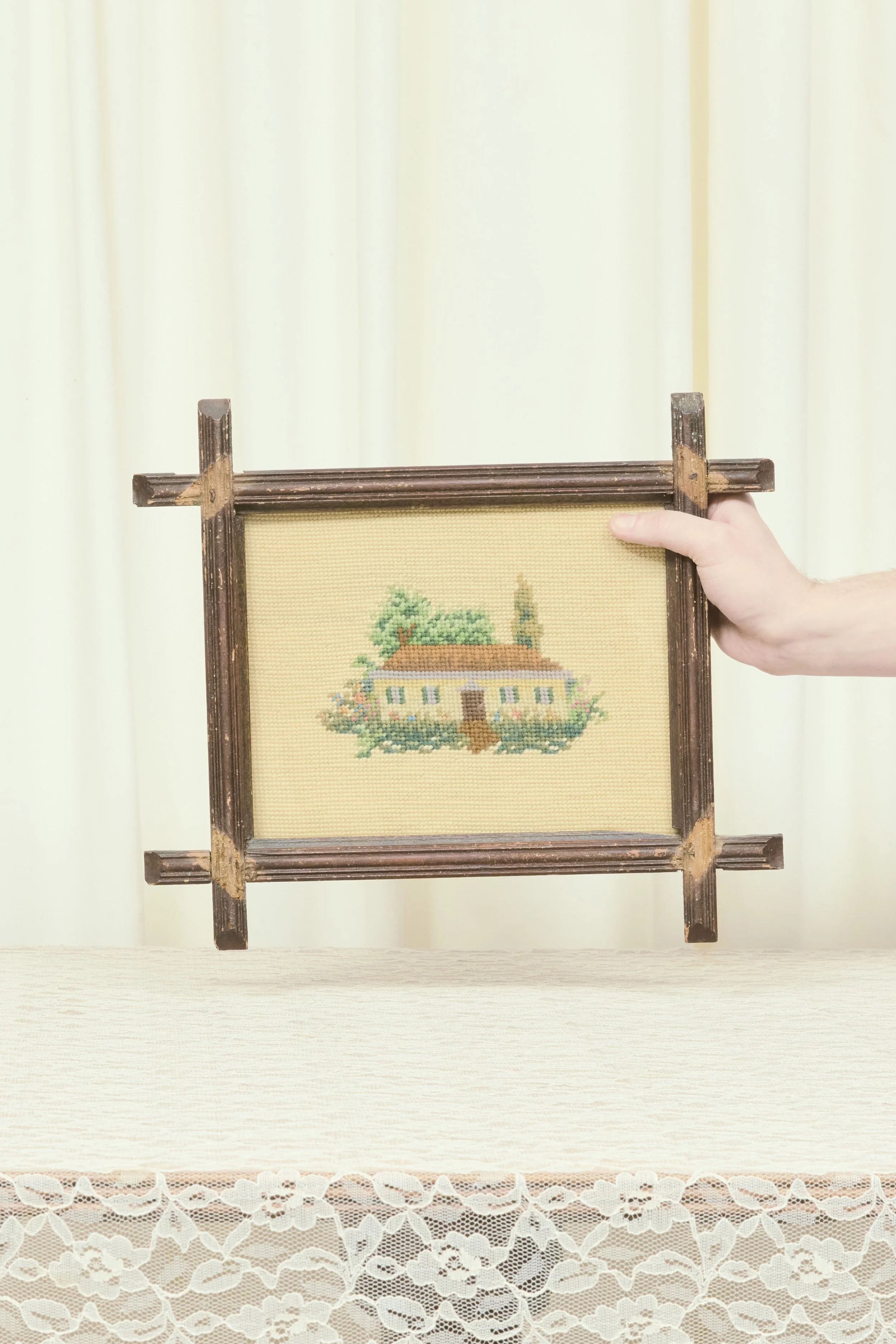 Antique Framed Cottage Needlepoint
