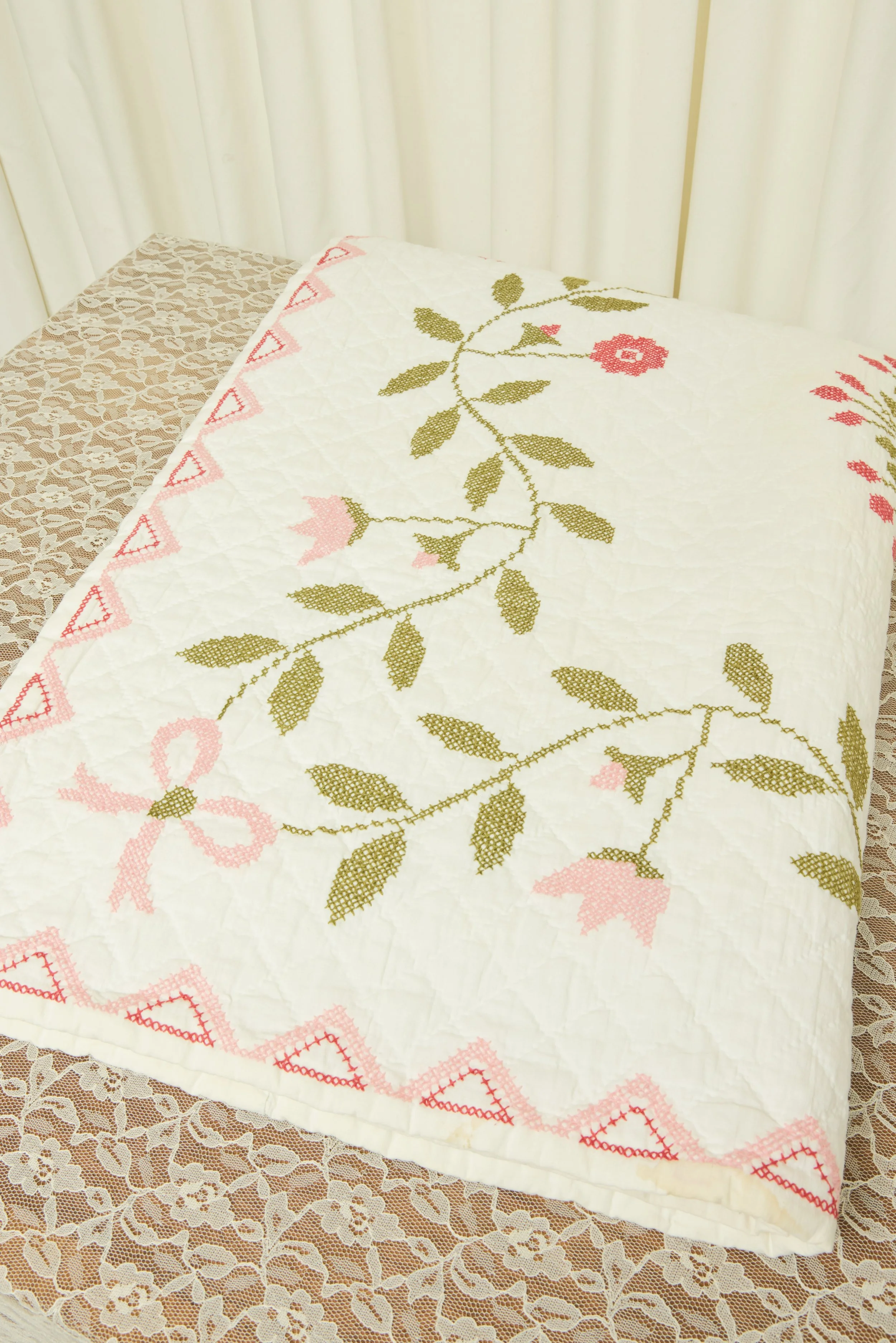 Vintage Embroidered Quilt (84" x 94)"