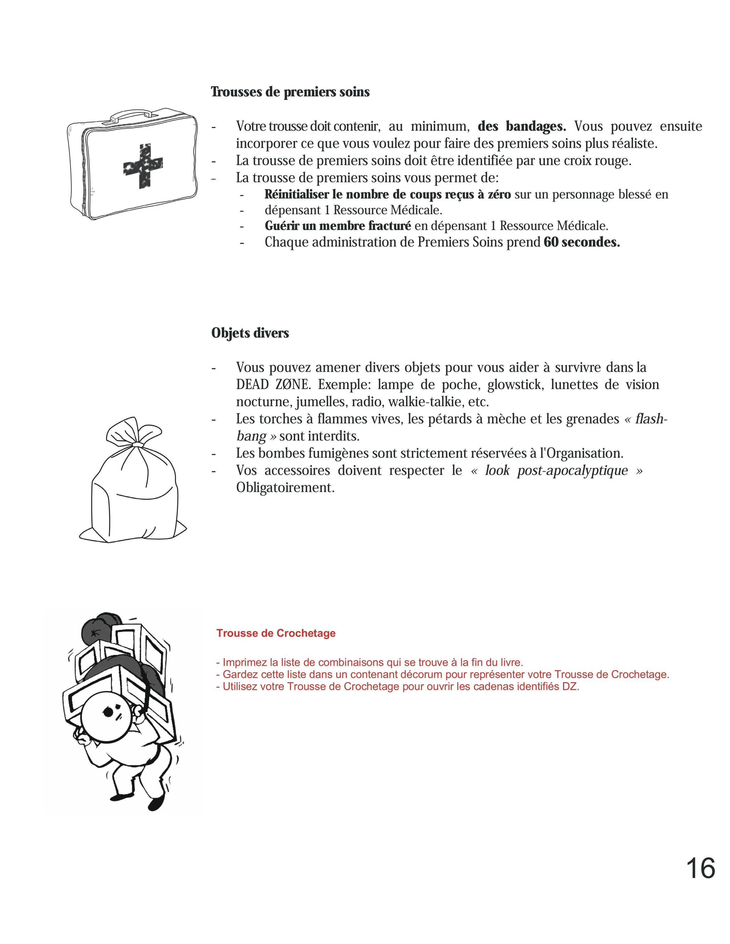 Page from a manual with instructions on first aid kits, miscellaneous objects, and a cartoon illustration of a character carrying a stack of boxes labeled 'Crochet Kit'. The text is in French.