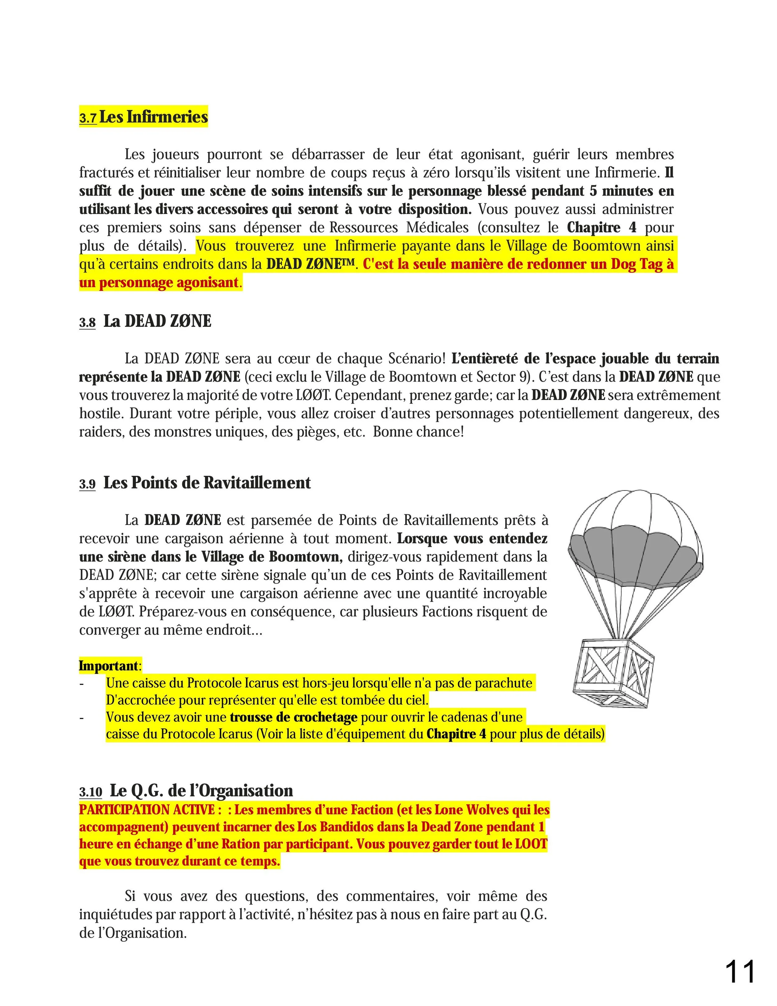 A page from a document with sections highlighted in yellow and red, including instructions for a game or scenario involving a zombie apocalypse, Dead Zone, and organization rules.
