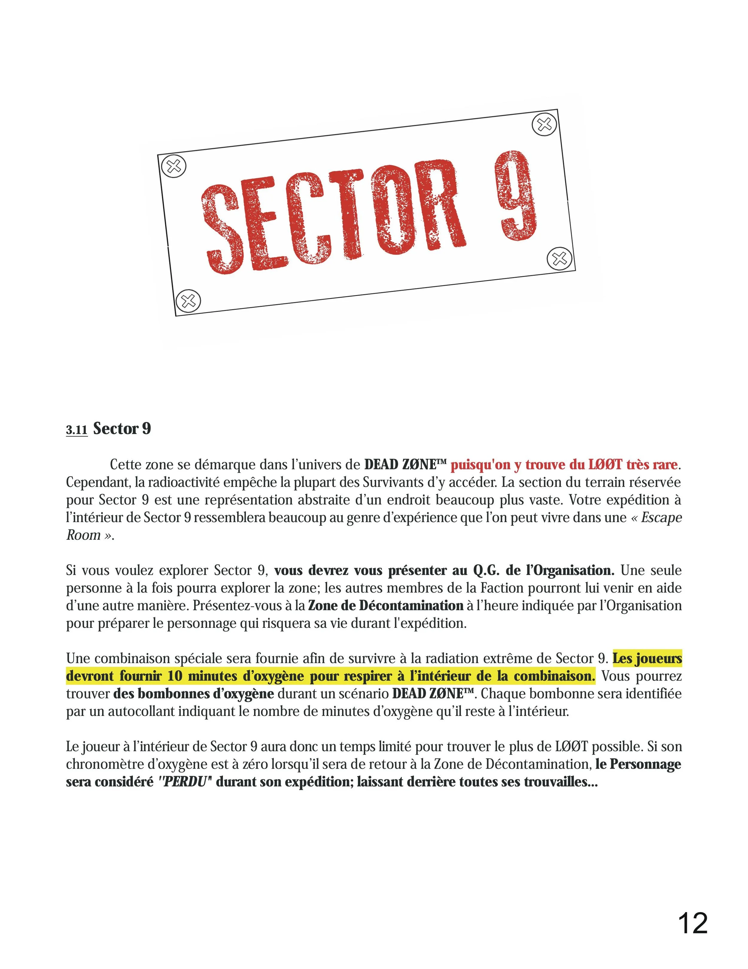 Page from a manual or guide discussing Sector 9 in a game or fictional universe, highlighting the need for oxygen supply and safety procedures in a radiation zone.