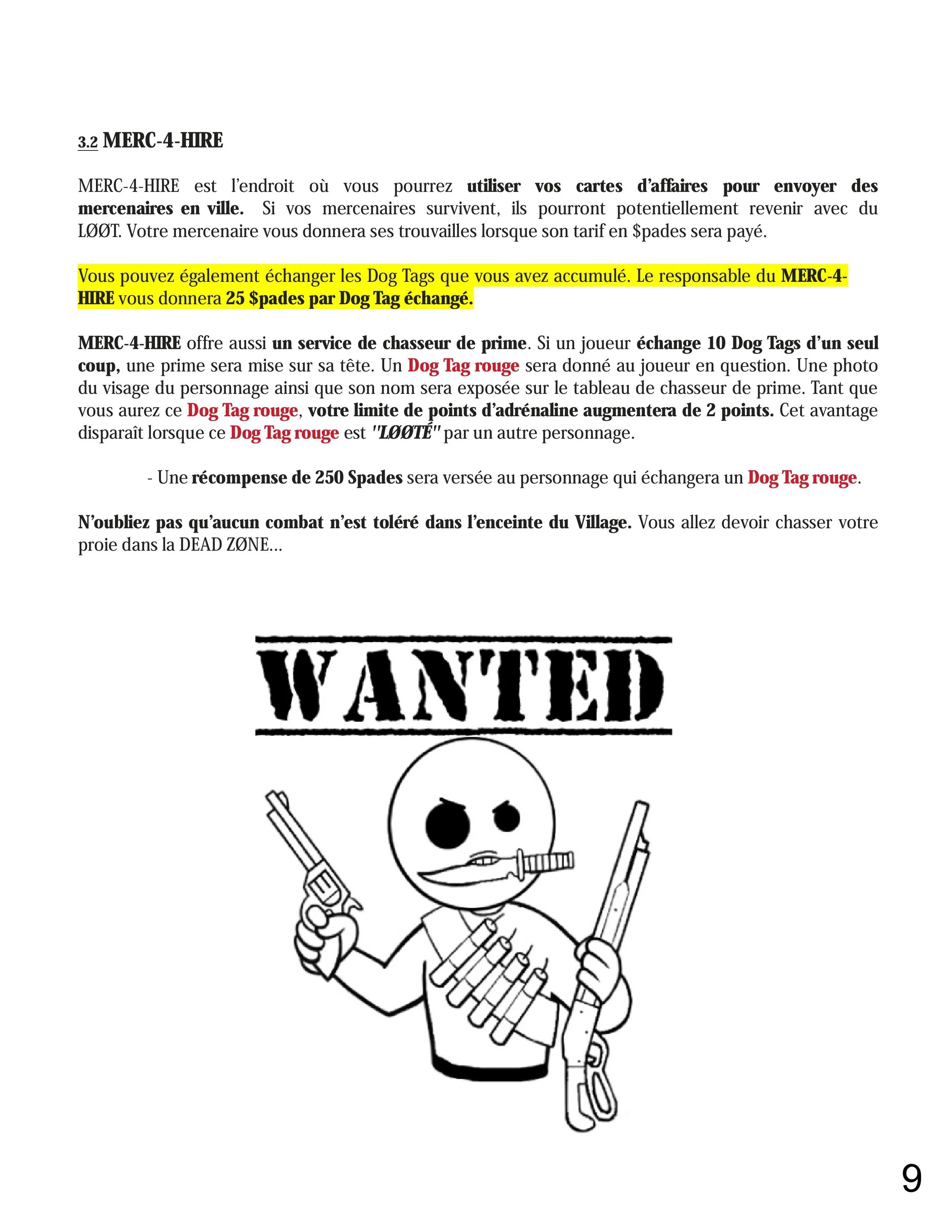 Page from a French game manual with text about exchanging Dog Tags for in-game currency and a black-and-white illustration of a wanted poster featuring a skeleton with a knife in its mouth, holding guns in both hands, with ammunition on its chest.