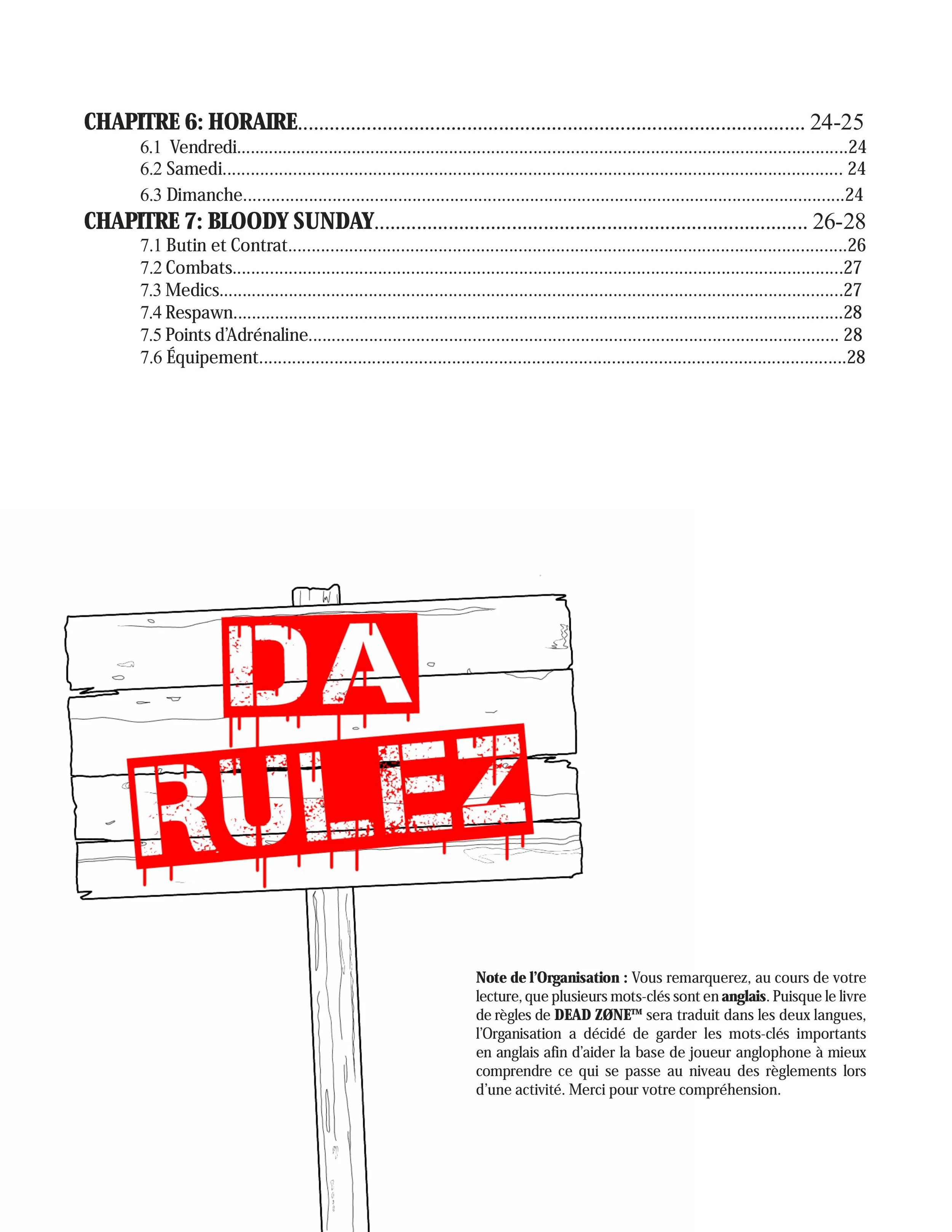Page from a rulebook, showing chapter titles and a sign with the words 'DA RULEZ' in red graffiti style on a wooden sign.