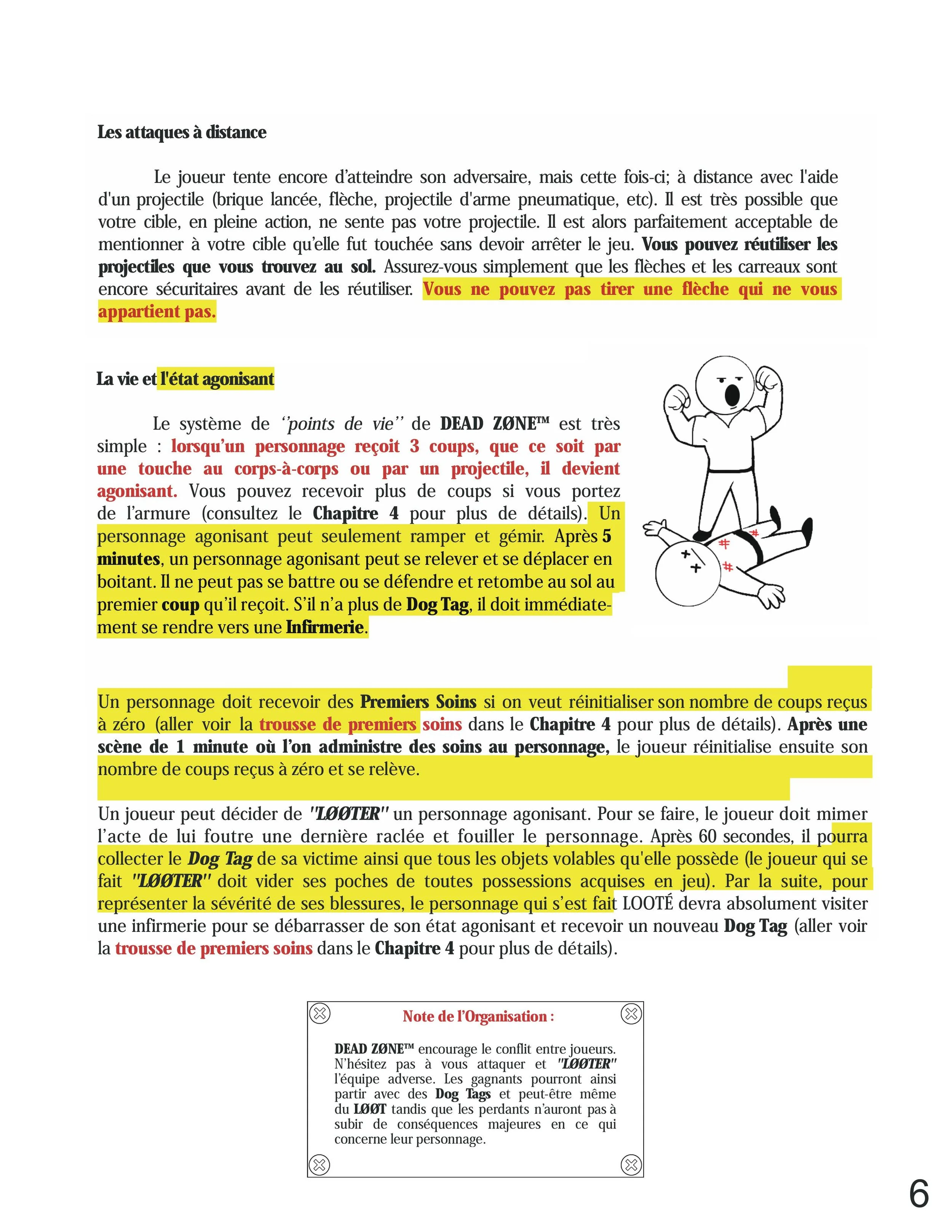 Document page with French text and sections highlighted in yellow and red, containing instructions about shooting and medical procedures in a game, with a small illustration of a loud, angry character and a defeated figure.