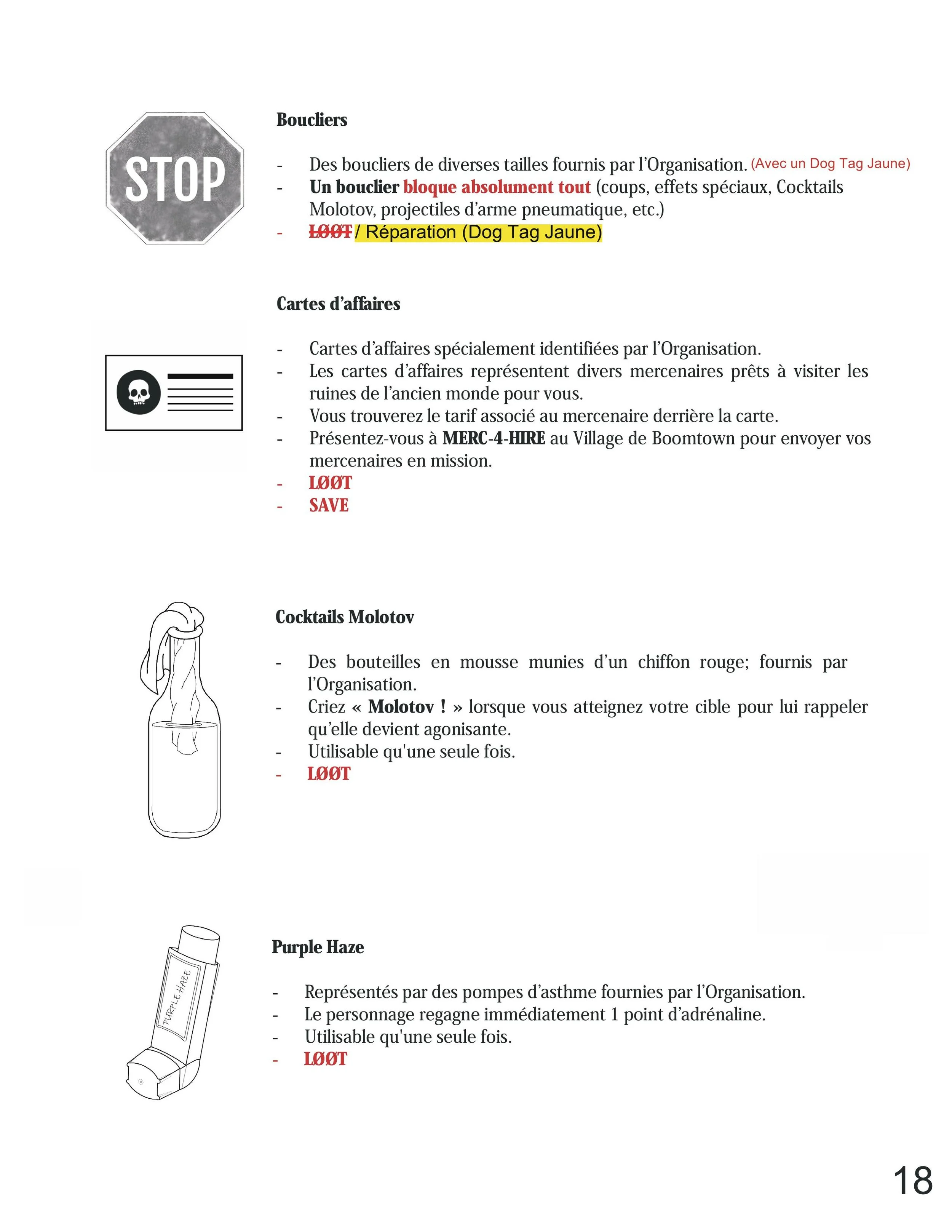 Page from a security or game instruction manual with sections on masks, business cards, Molotov cocktails, and gas masks, including illustrations and instructions in French.