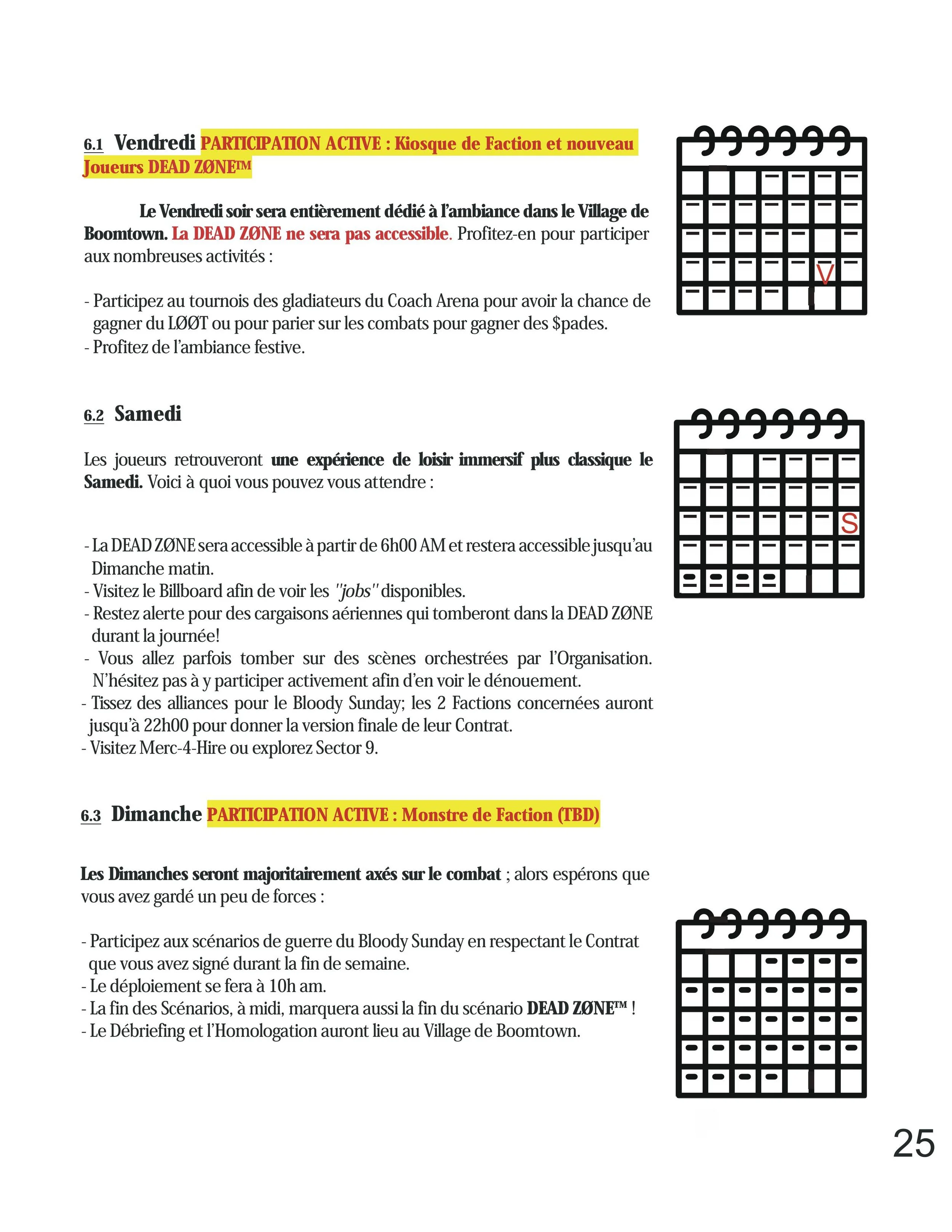 Calendar icons with marked dates on a newsletter page with French text about event schedules.