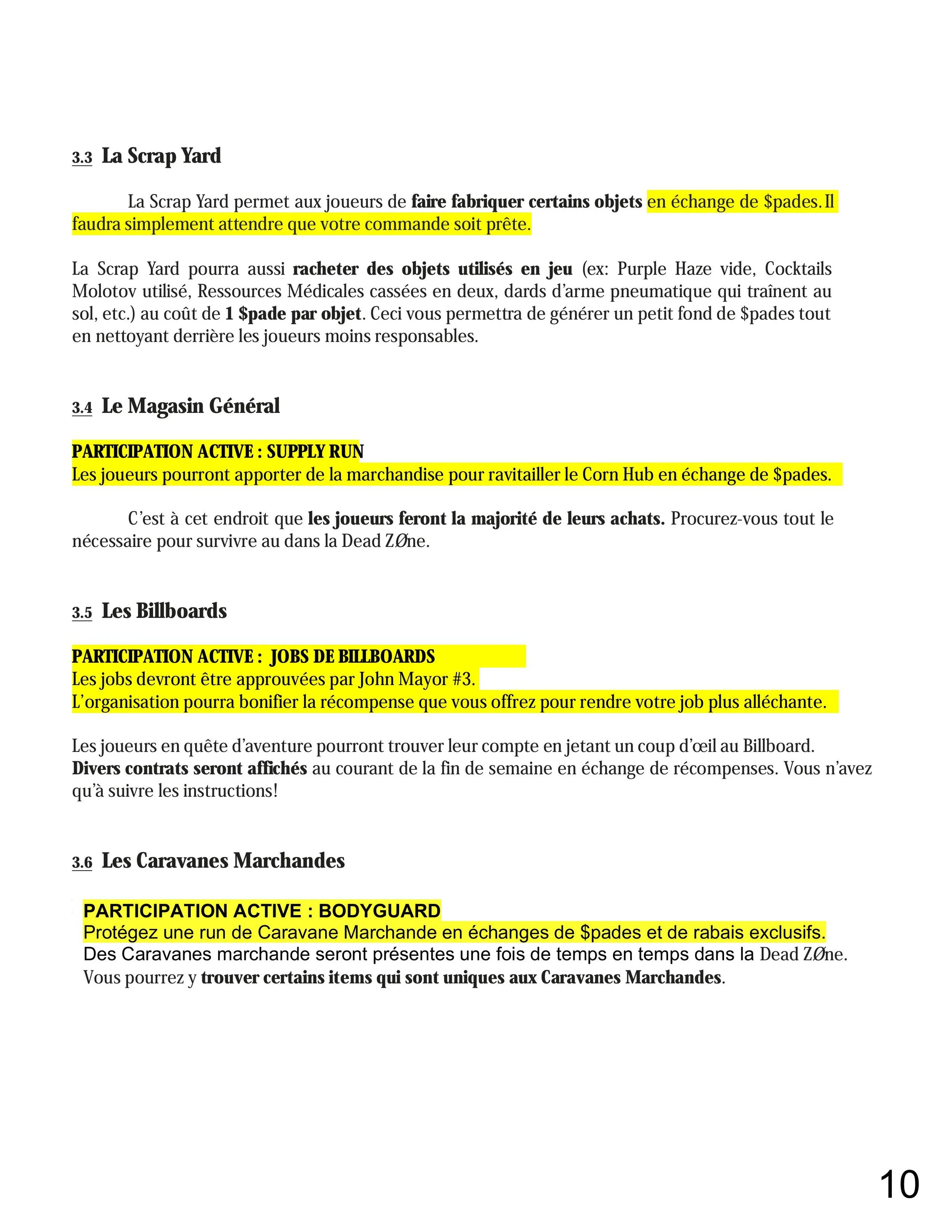 A page from a document with paragraphs of text in French, some of which are highlighted in yellow. The highlighted sections mention exchange of $pades, supply run, billboard jobs, and caravan trade, with some directives for game players.