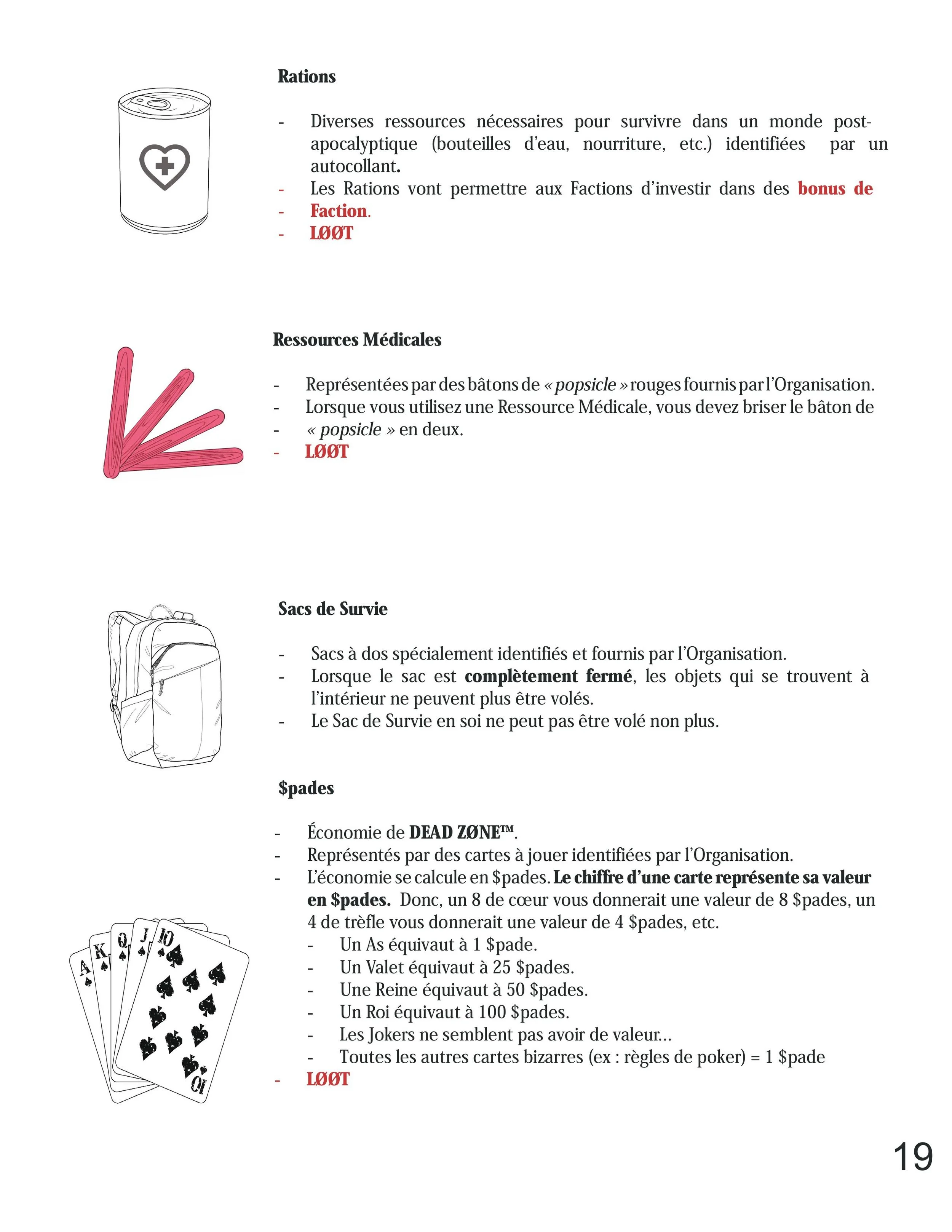 Page with illustrations of a canned resource, medical sticks, a backpack, and playing cards, accompanied by French text explaining survival supplies and their uses.