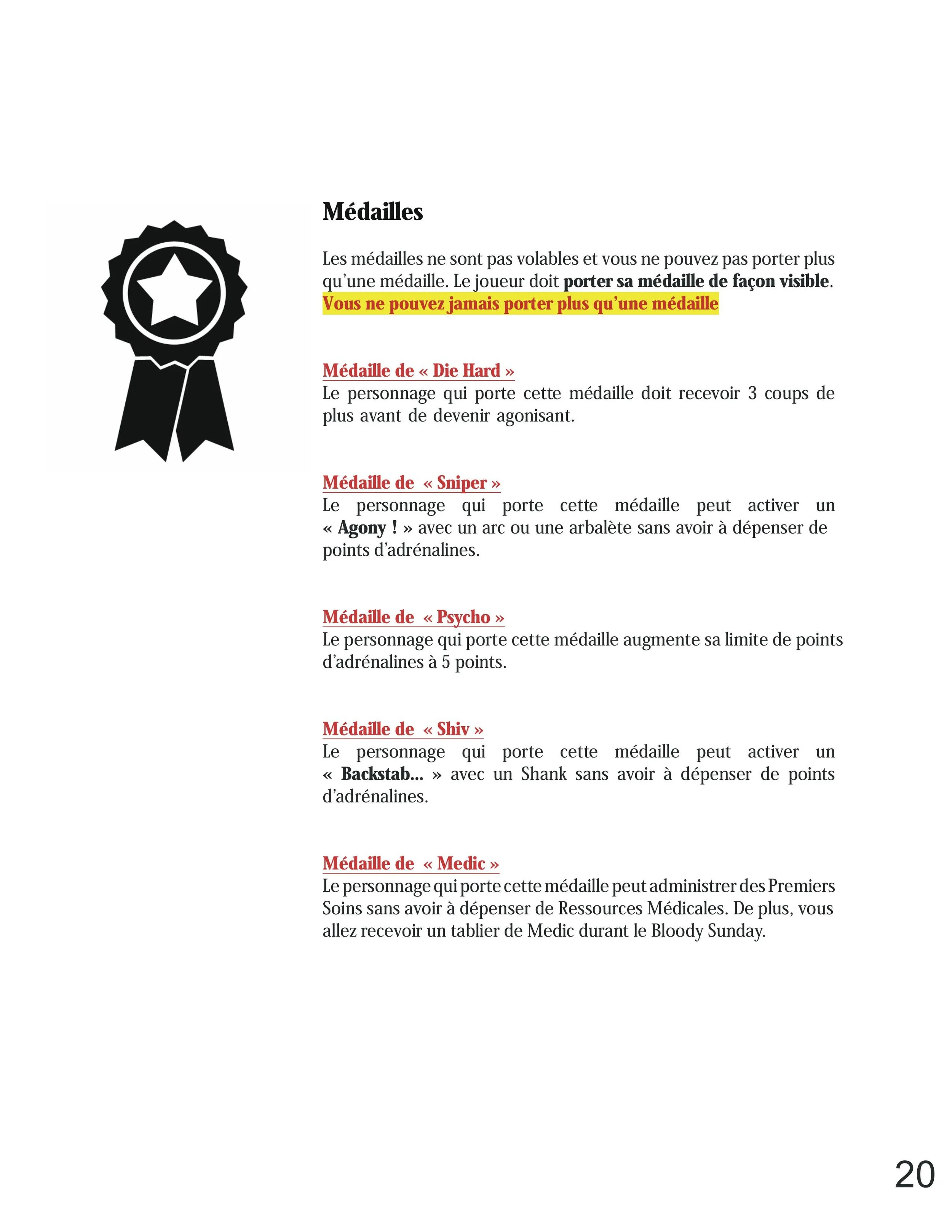 Page from game instructions with a black ribbon medal icon and text explaining different medals, their requirements, and effects, with a heading titled "Médailles" and a highlighted warning about not wearing more than one medal at a time.
