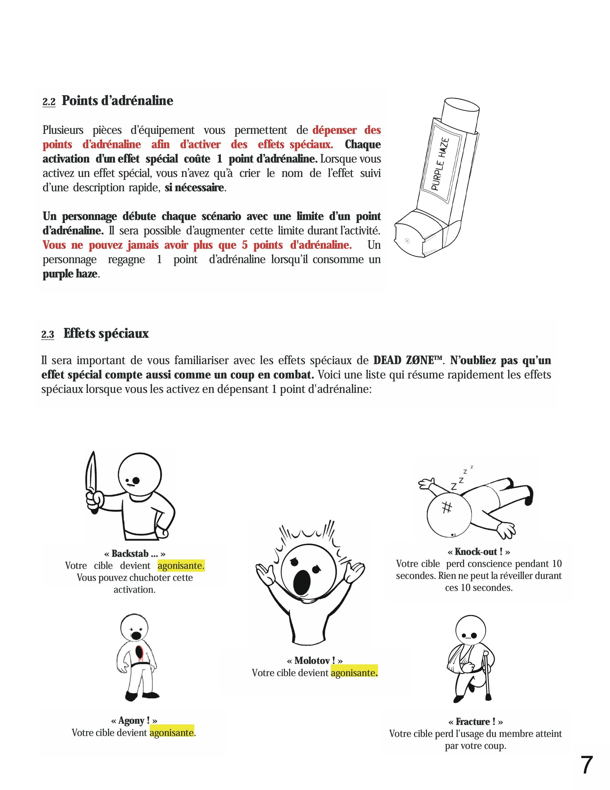 Page from a manual with text in French and illustrations explaining adrenaline points and special effects, including a small drawing of a purple haze inhaler.