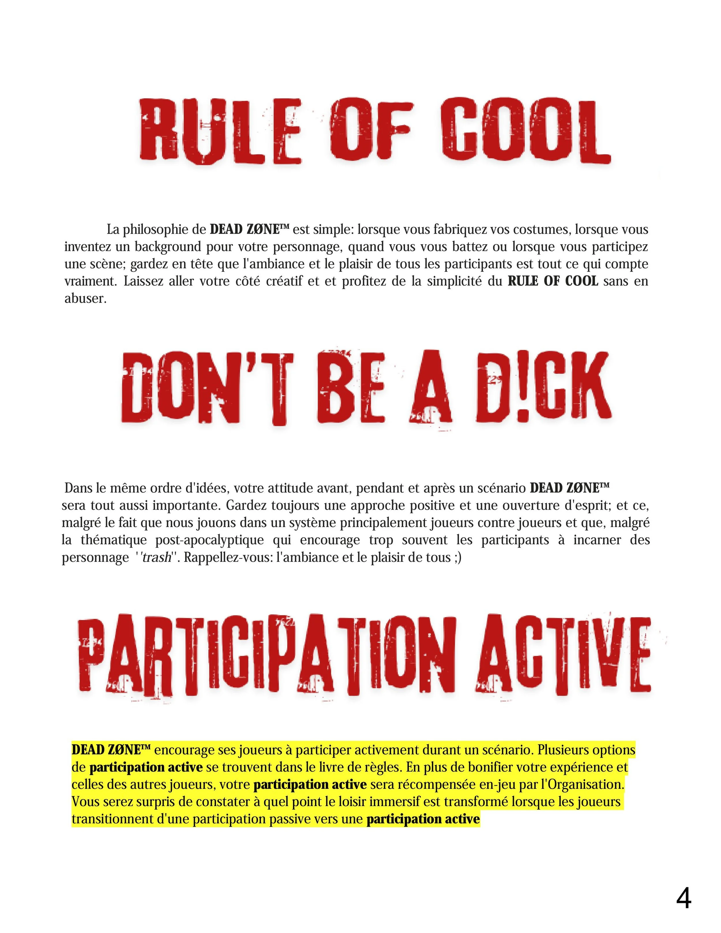 Page from a manual titled 'Rule of Cool' and 'Don't Be a D!ck' with instructions in French about participation and attitude in a role-playing game, emphasizing active involvement.