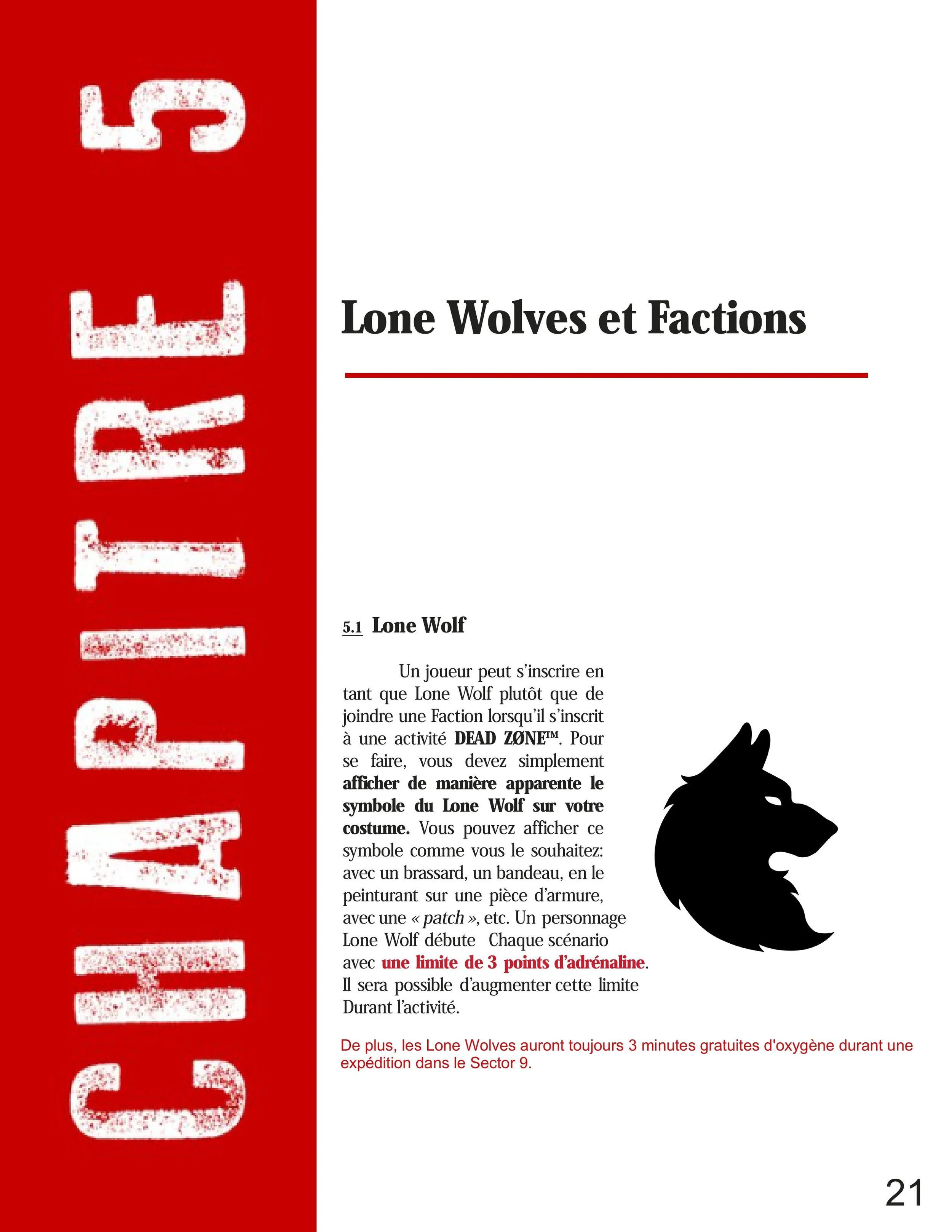 Page from a rulebook titled "Lone Wolves et Factions" with a black silhouette of a wolf's head. The page discusses how players can join as Lone Wolf and display the Lone Wolf symbol.