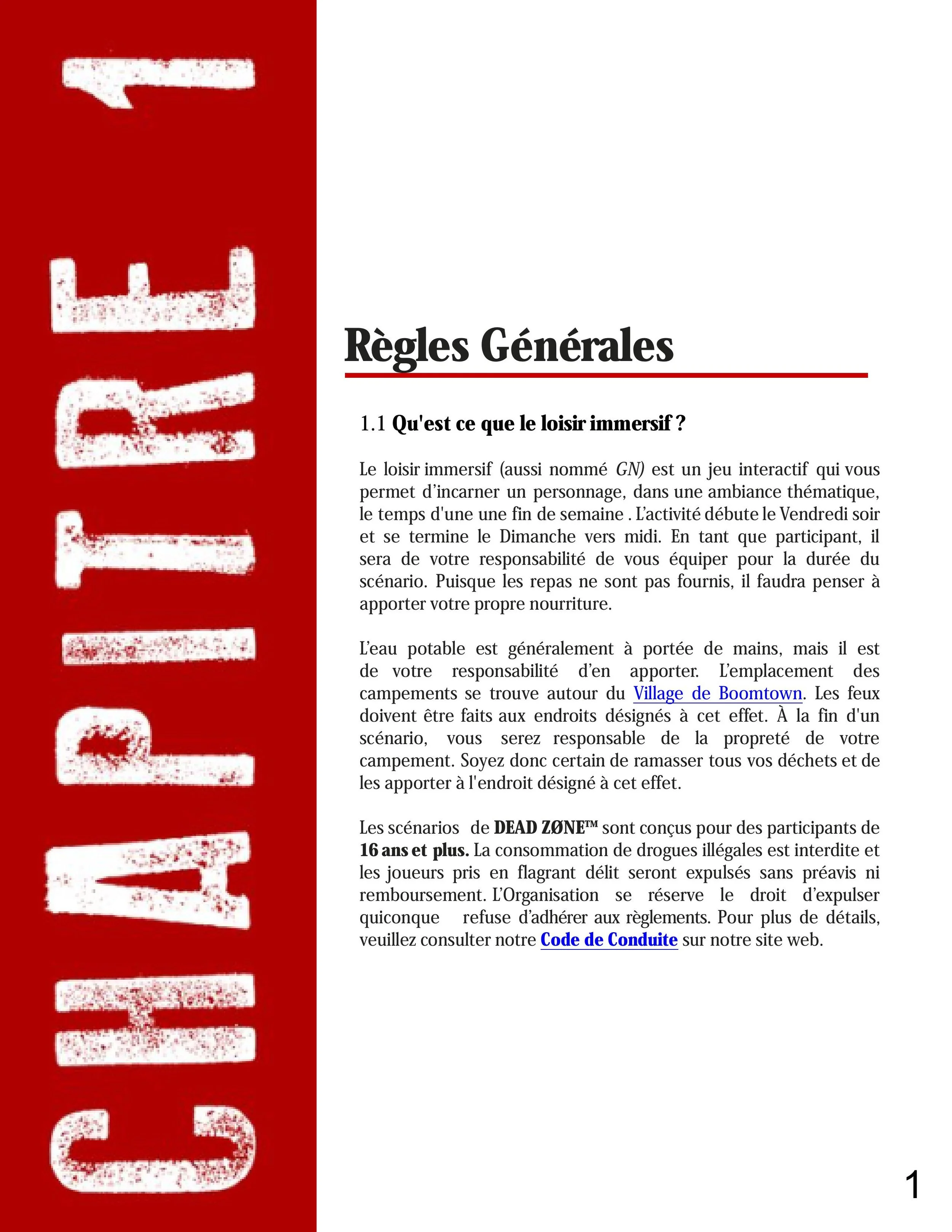 Page with red sidebar reading 'CAMPING' in large white distressed letters and main text titled 'Règles Générales' discussing rules for immersive leisure activities, water safety, camp responsibilities, and age restrictions.