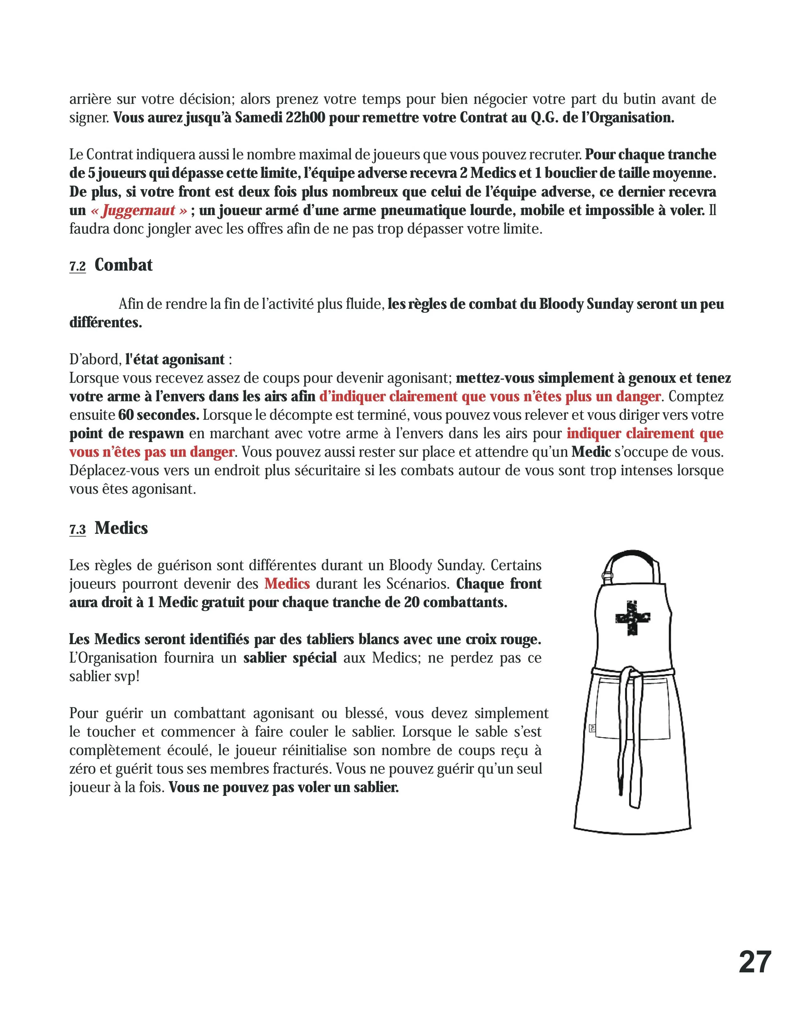Page from a manual with French text about game rules, featuring a sketch of a medical kit with a Red Cross and a tied scarf.
