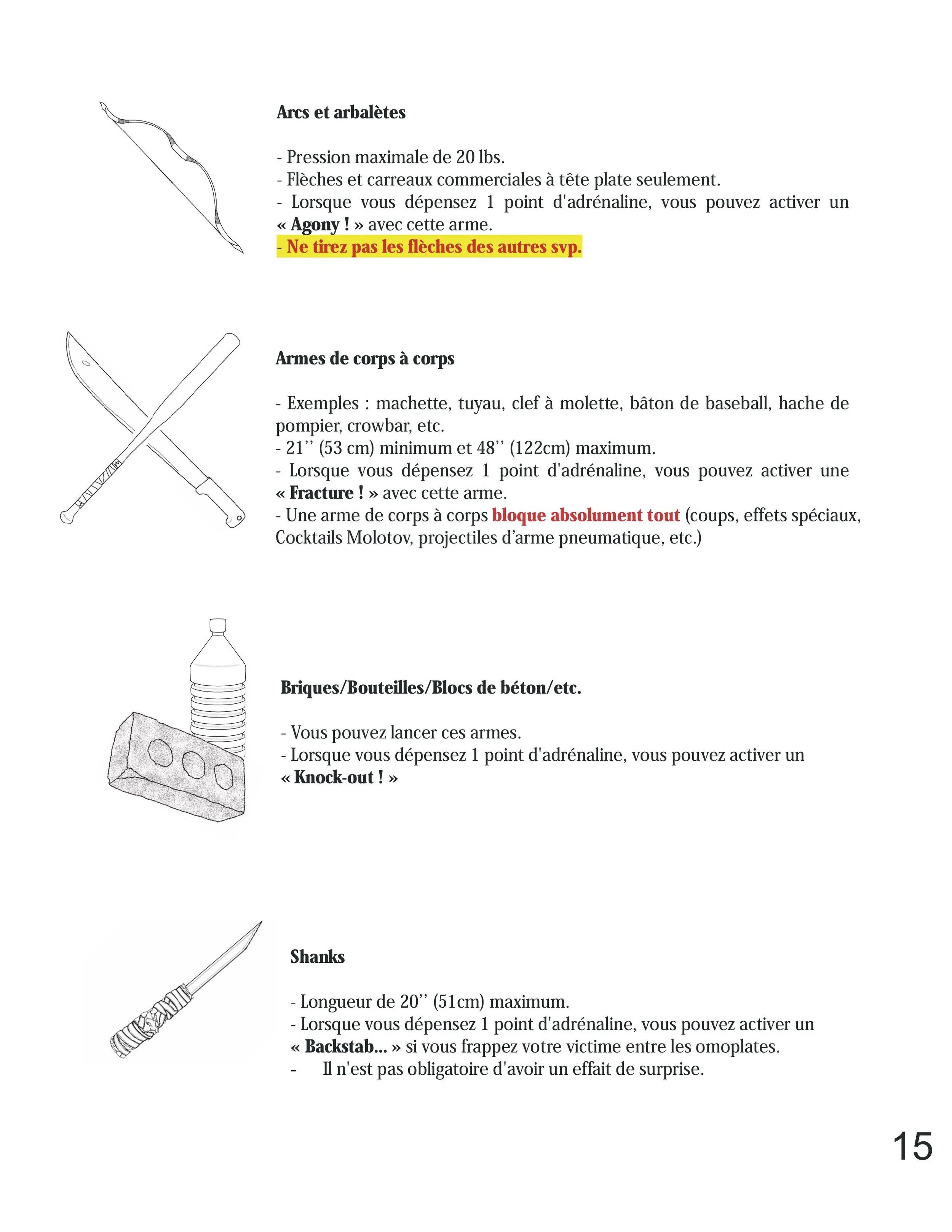 Page from a manual with text and illustrations of weapons, including a bow, knives, and a brick, with warnings and instructions in French.