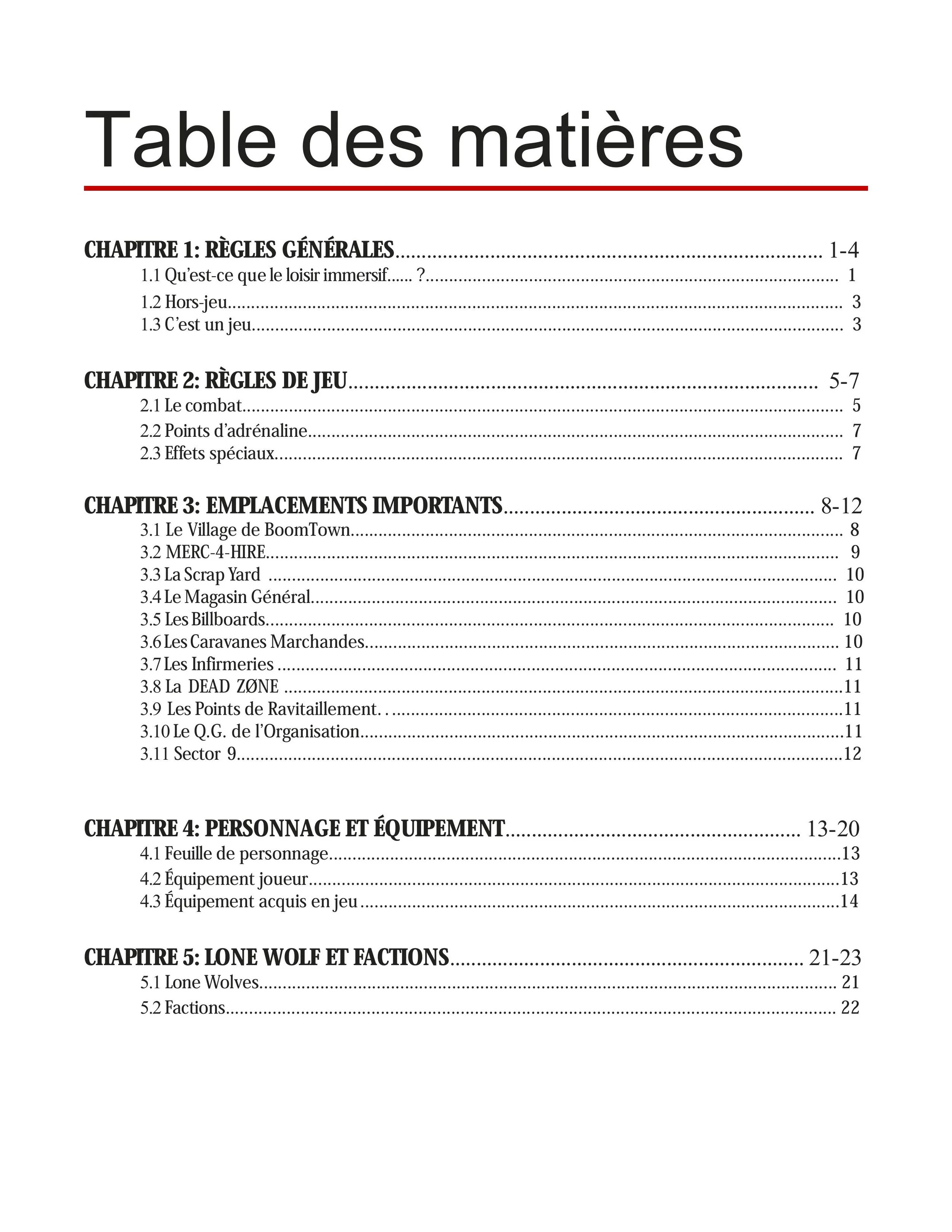 Table of contents for a book or manual, titled 'Table des matières' with chapters on general rules, game rules, important locations, characters and equipment, and Lone Wolf factions.