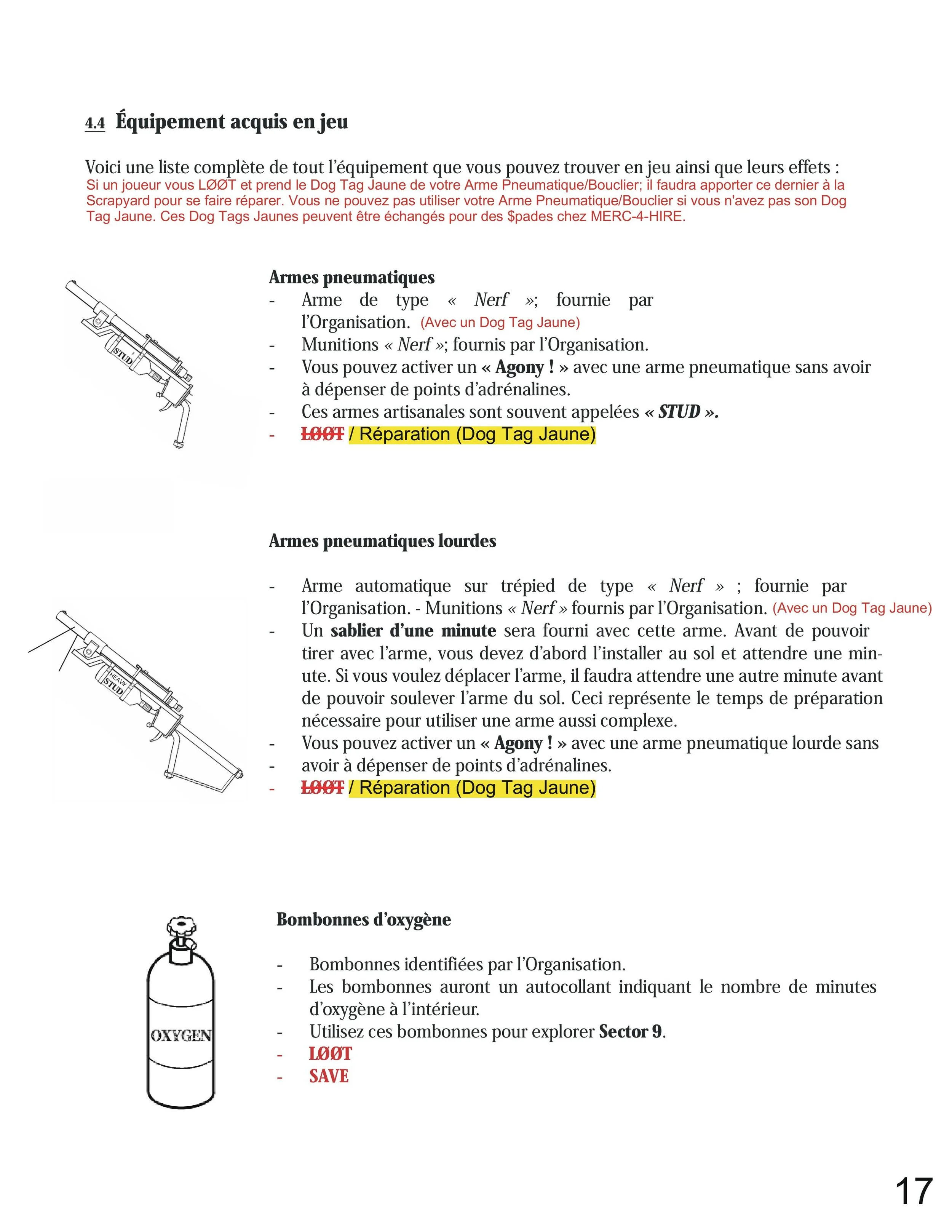 Page from a manual or guide listing equipment, illustrations of pneumatic weapons, oxygen tanks, and repair instructions, with highlighted or struck-through text.