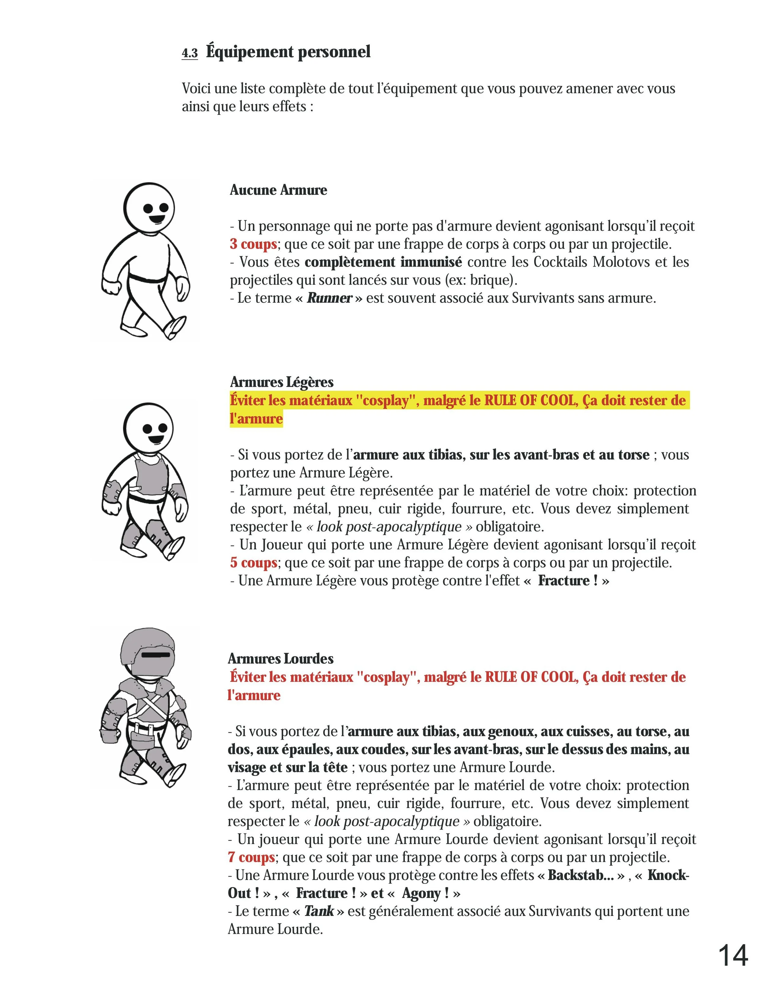 Page from a guide with illustrations of characters wearing different types of armor, including no armor, light armor, and heavy armor, with text in French describing each.