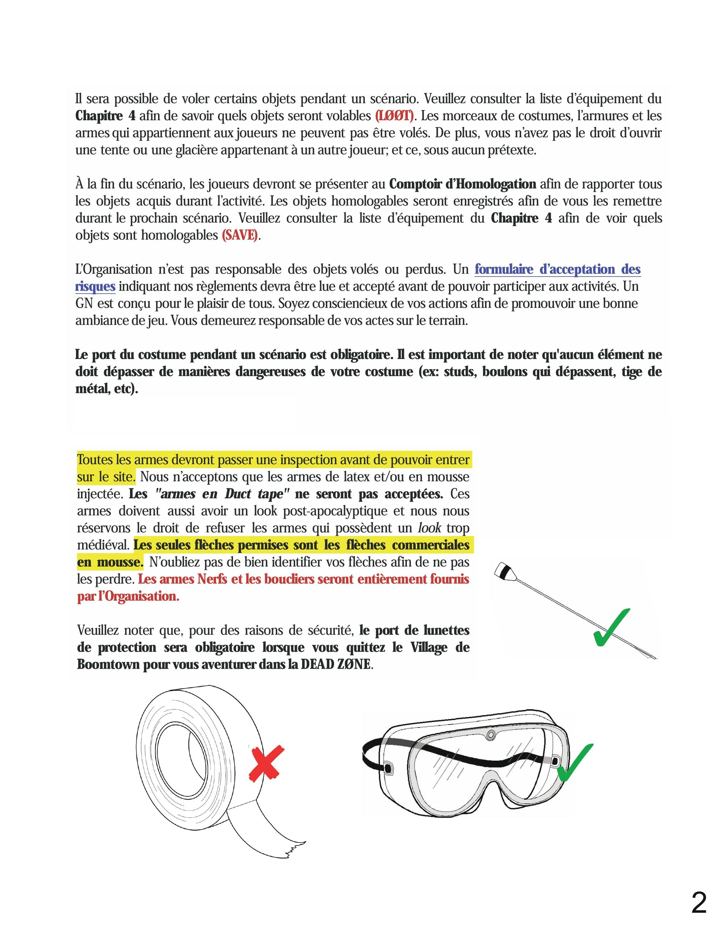 Instructions on security and safety for a scenario, including required protective equipment such as goggles, which must be inside a marked zone; an illustration showing proper and improper handling of equipment, with a red cross on a rolled-up tape a