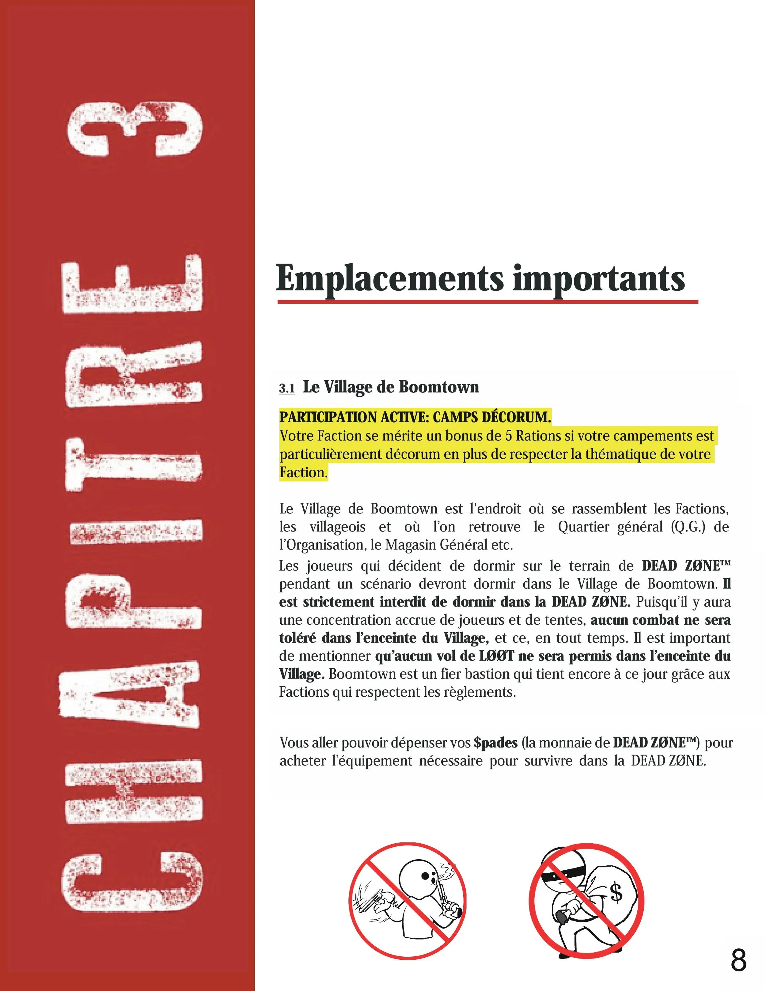 Page from a guidebook or manual titled 'Emplacements importants' with a red sidebar containing the word 'CONSEIL' in large, white, distressed letters. The main text discusses active participation in 'Camps Décorum' in Boomtown, detailing rules and gu