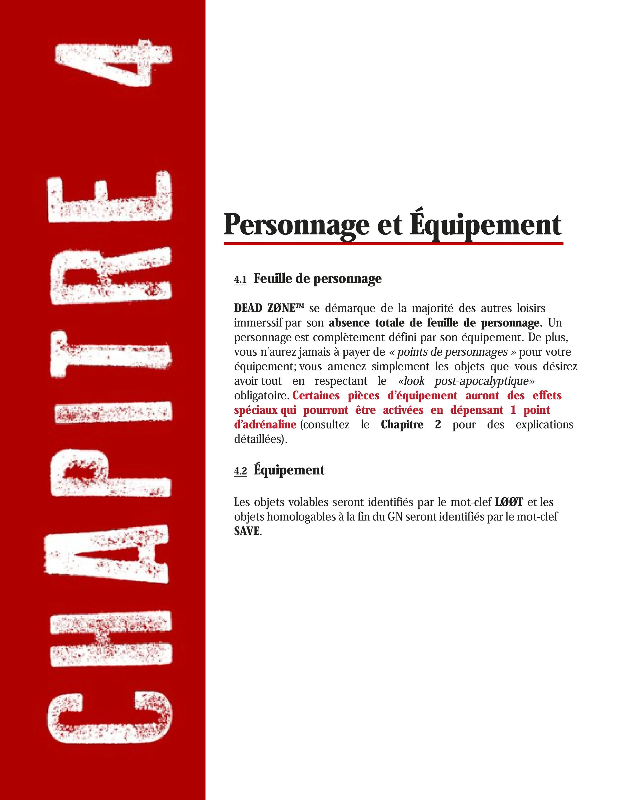 Page from a manual or guide titled 'Personnage et Équipement' with sections labeled 4.1 and 4.2, discussing character sheets and equipment, with instructions and highlighted warnings in red.