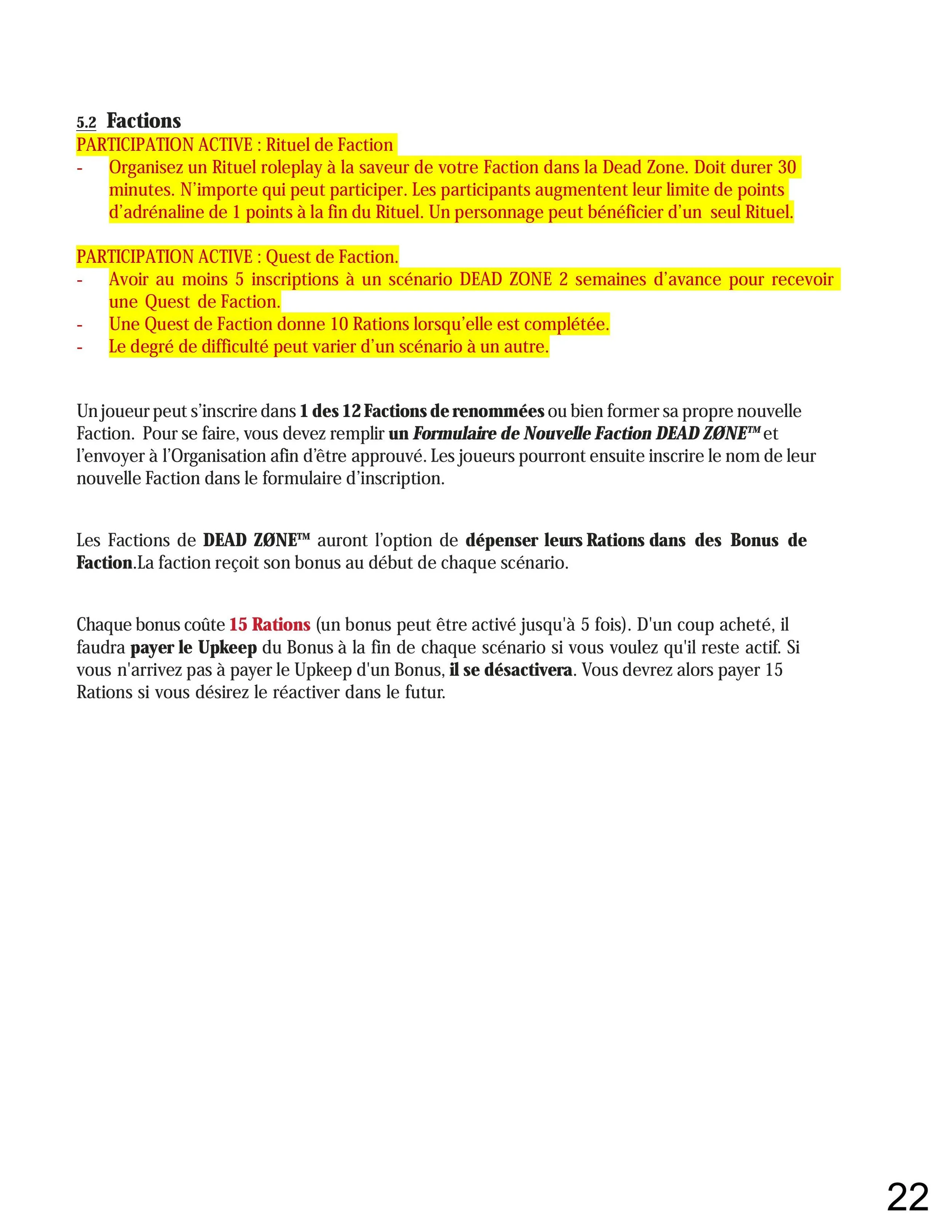 A page from a document in French about factions in a game, with sections highlighted in yellow and red, outlining active participation and quest details.