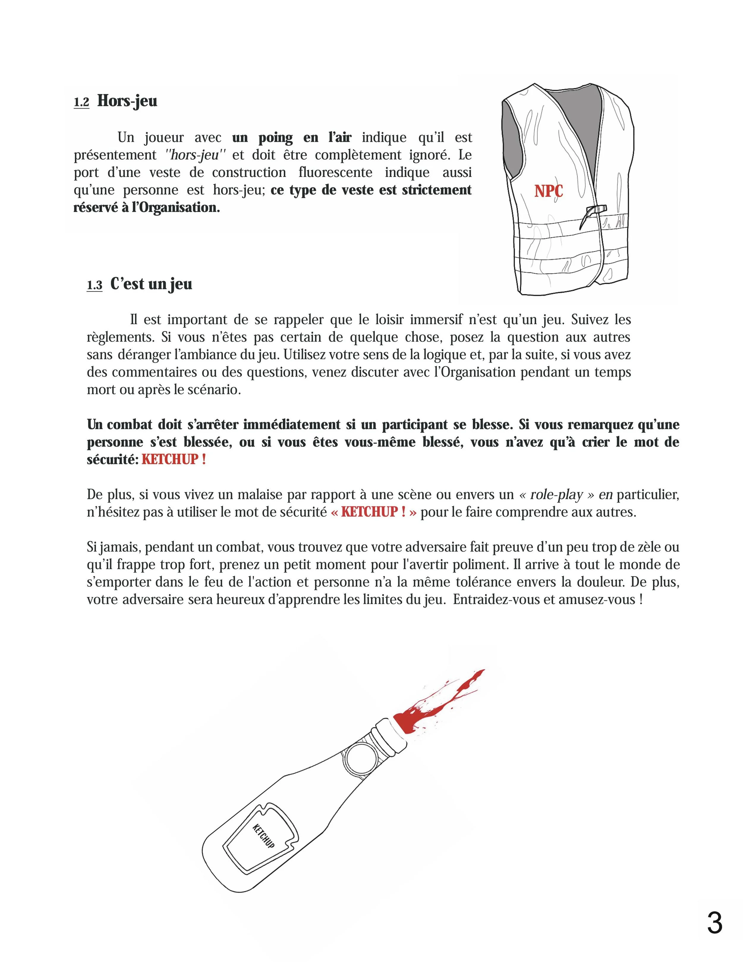 A page from a manual with text in French about tabletop role-playing games, featuring an illustration of a vest labeled 'NPC' and a bottle squirting ketchup, with ketchup splattering from the bottle.