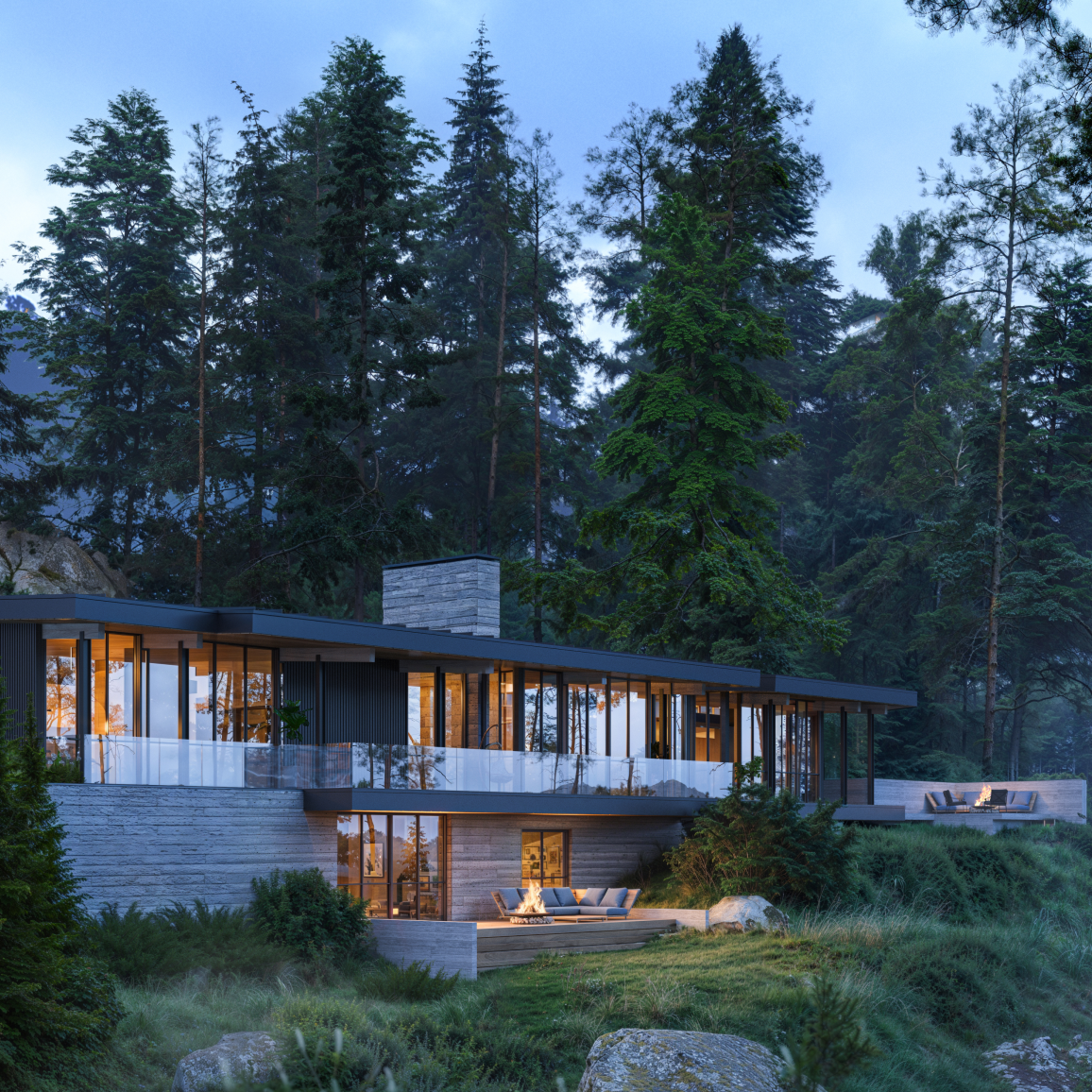 Modern house with large windows and outdoor seating area, surrounded by tall evergreen trees in a forested landscape during dusk. Invermere custom home. Architecture and Interior Design.