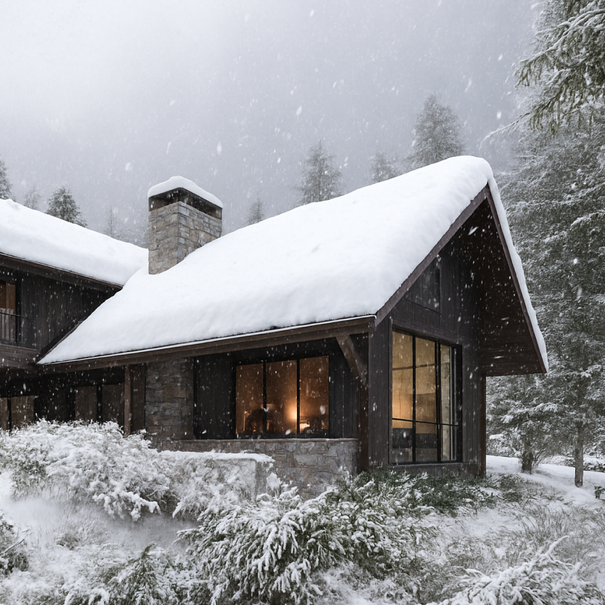 Snow-covered house with large windows, stone chimney, surrounded by snow-laden trees, during a snowy winter evening. Canmore Alberta Custom Home. Architecture and Interior Design.