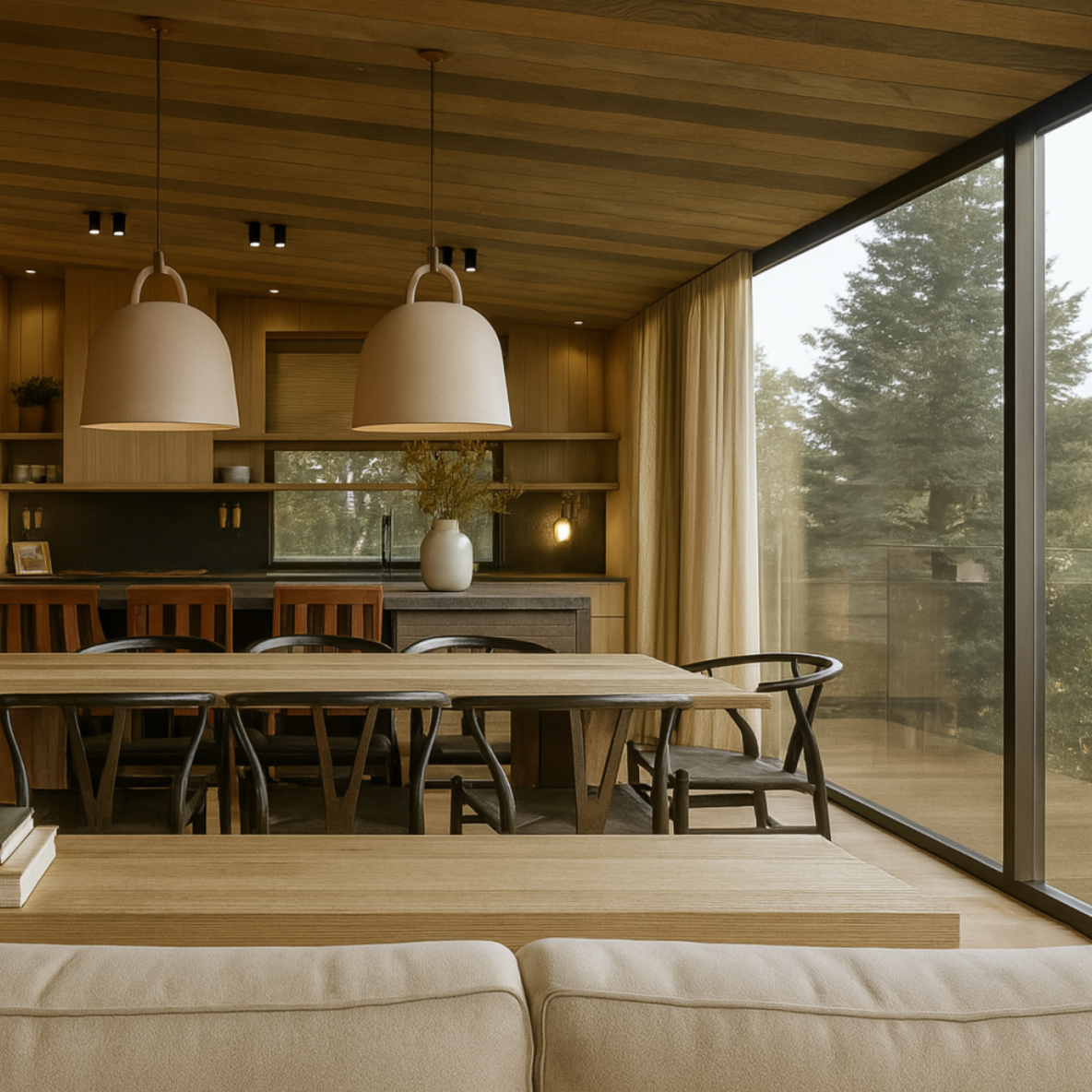 Interior of a modern dining room with wooden walls and ceiling, featuring a large wooden dining table, black and wooden chairs, two large beige pendant lights, a large window with a view of trees, and beige curtains. Invermere + Panorama Custom Home.