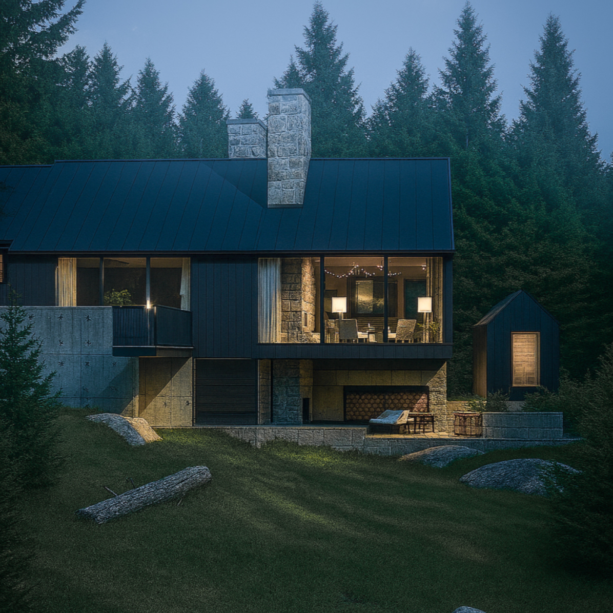 Modern house with large windows and a dark metal roof, situated in a wooded area during evening, with interior lighting visible and outdoor sitting area. Invermere Custom Home. Architecture and Interior Design.