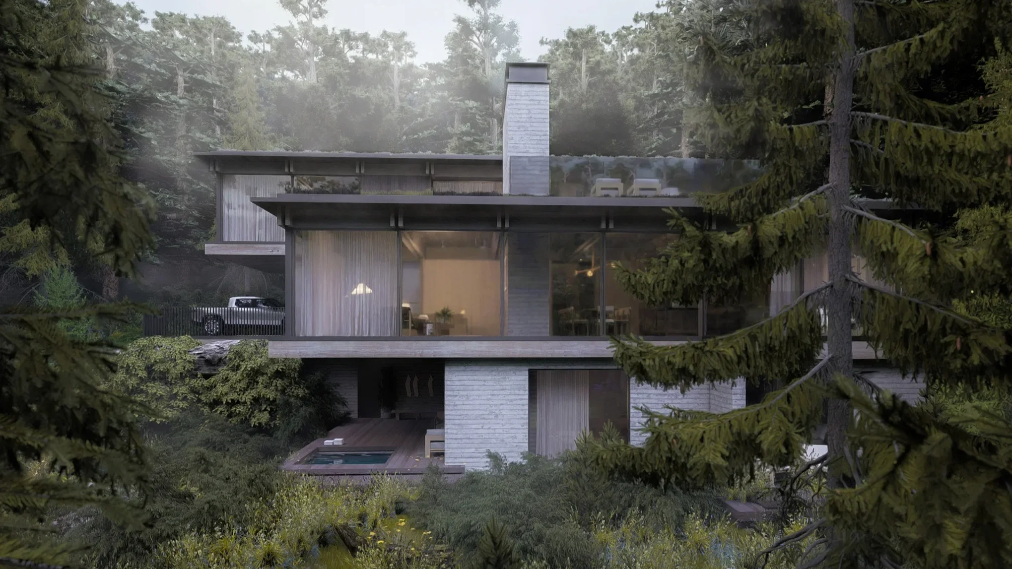 Modern mountain residence with floor-to-ceiling glazing and light brick cladding in Panorama, British Columbia by Little Giant