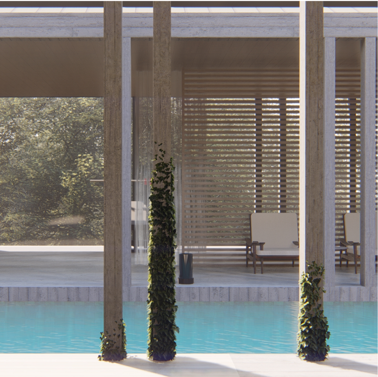 modern outdoor lounge area with wooden and concrete elements, tall columns covered in ivy, seating, and a swimming pool in the foreground, surrounded by trees. Spa. Architecture and Interior Design.