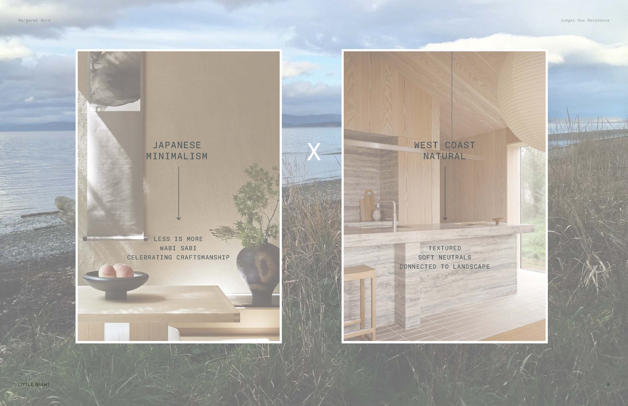 Comparison of interior design styles with two interior images set against an outdoor landscape with water and mountains. The left side features a Japanese minimalism style with simple decor, neutral walls, and a plant in a dark vase. The right side s